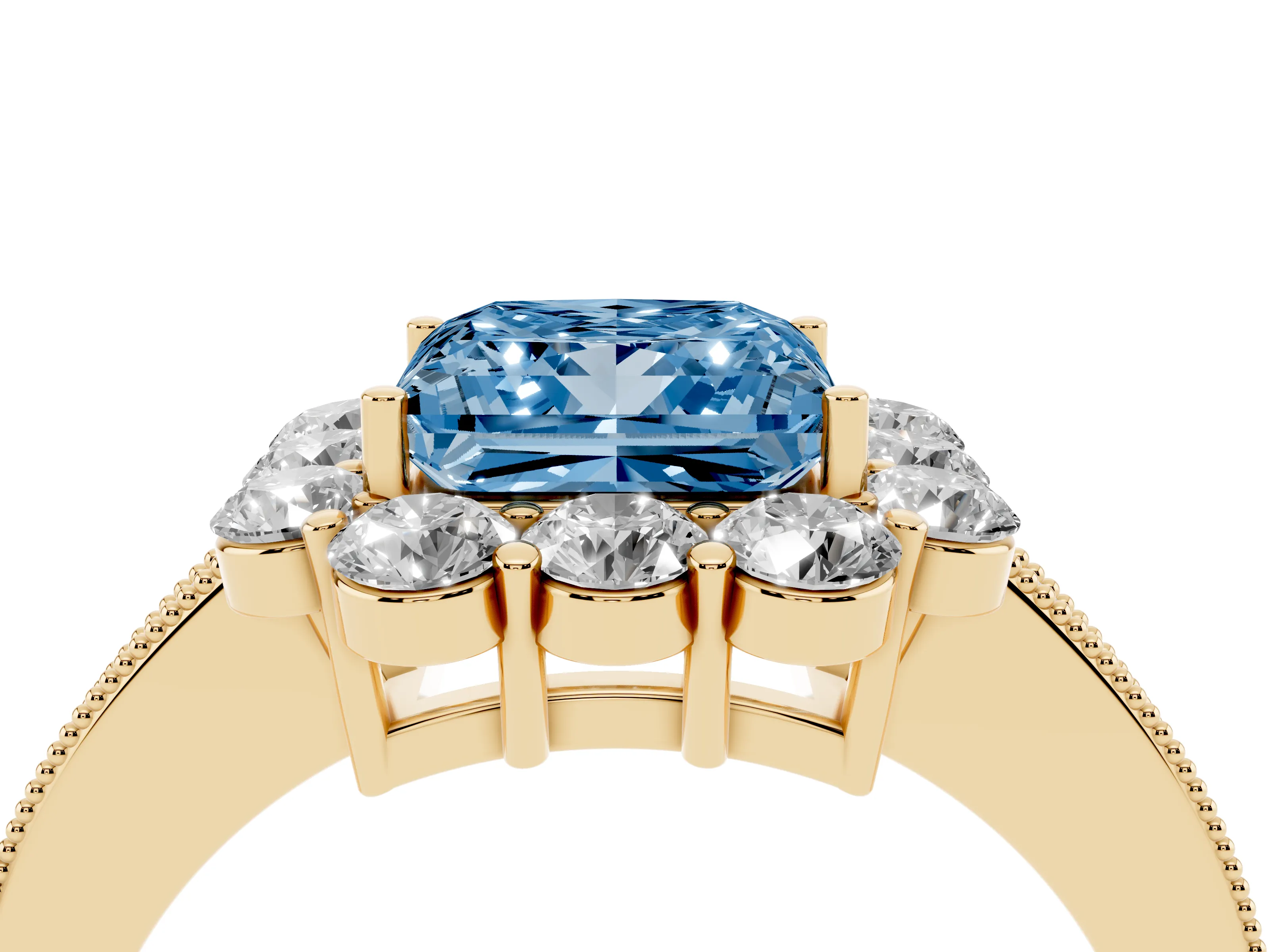 Fancy Blue Princess Cut Diamond Halo Pavé Engagement Ring Set in Yellow gold with Milgrain Detailing