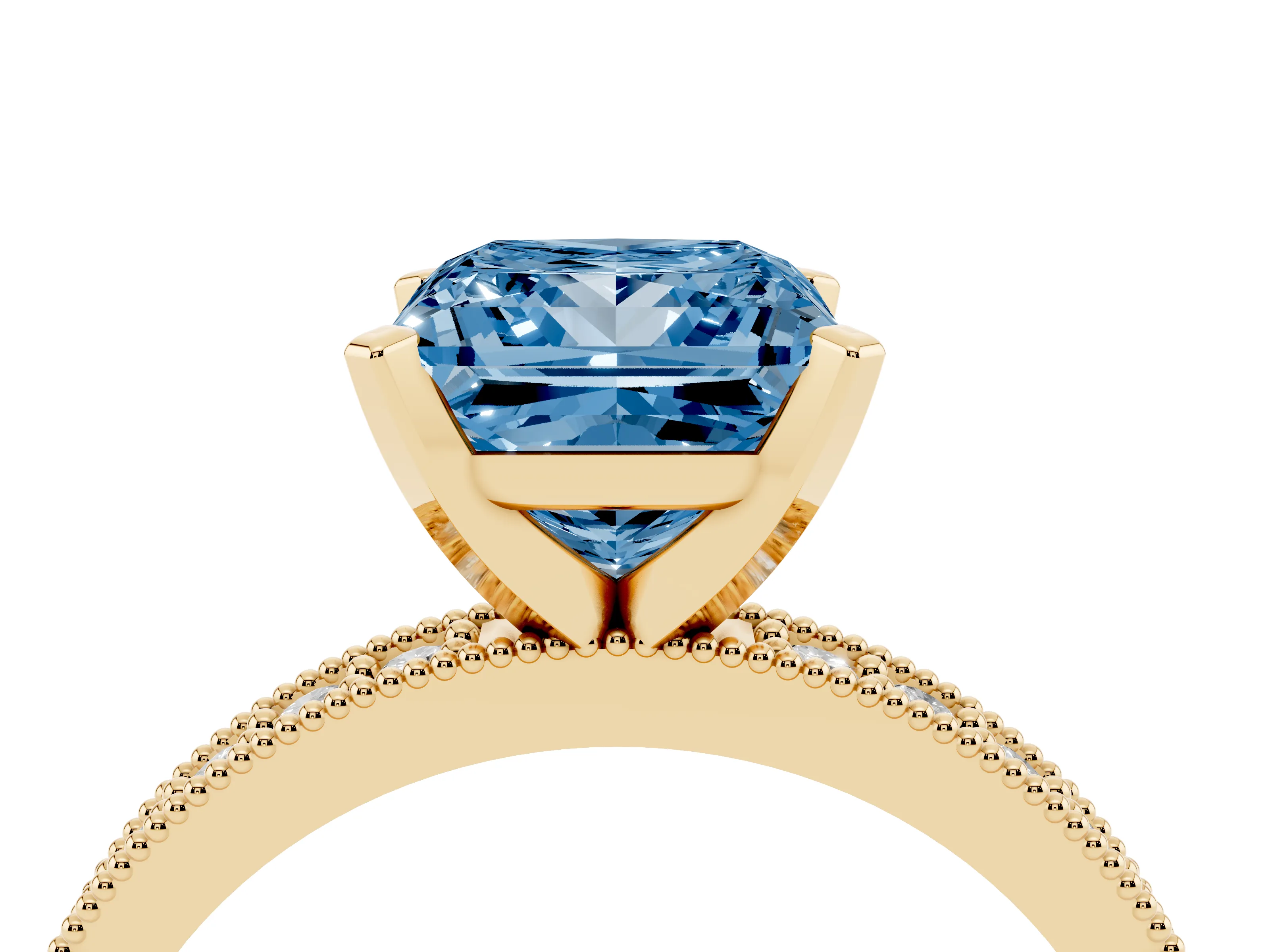 Fancy Blue Princess Cut Diamond Milgrain Pavé Engagement Ring Set in Yellow gold with Prong Setting