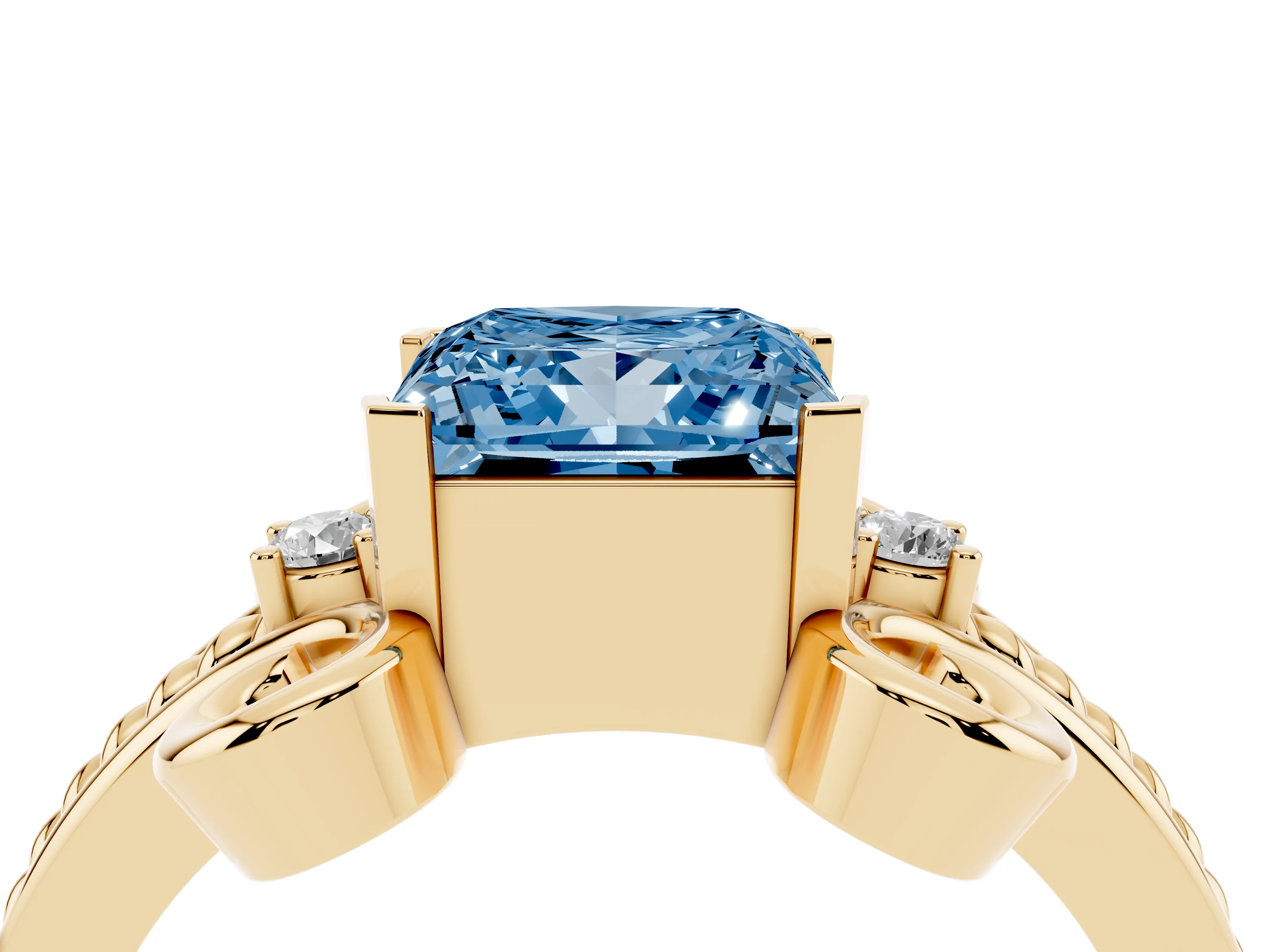Fancy Blue Princess Cut Diamond Twisted Band Solitaire Ring Set in Yellow gold with Scroll Prongs