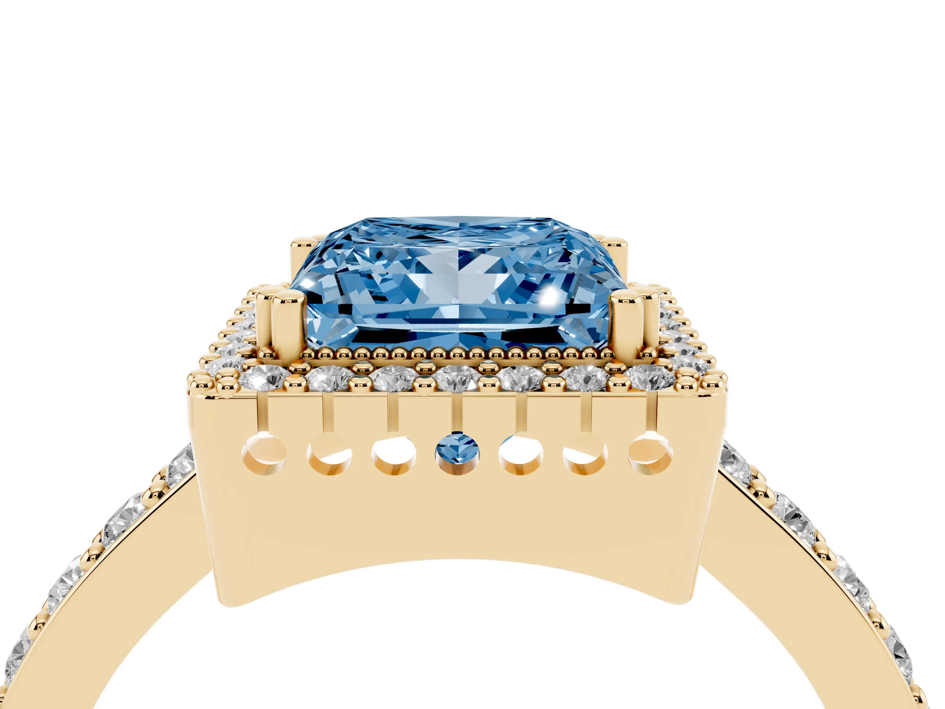 Fancy Blue Princess Cut Diamond Halo Engagement Ring Set in Yellow gold with Milgrain Detail and Pavé Band