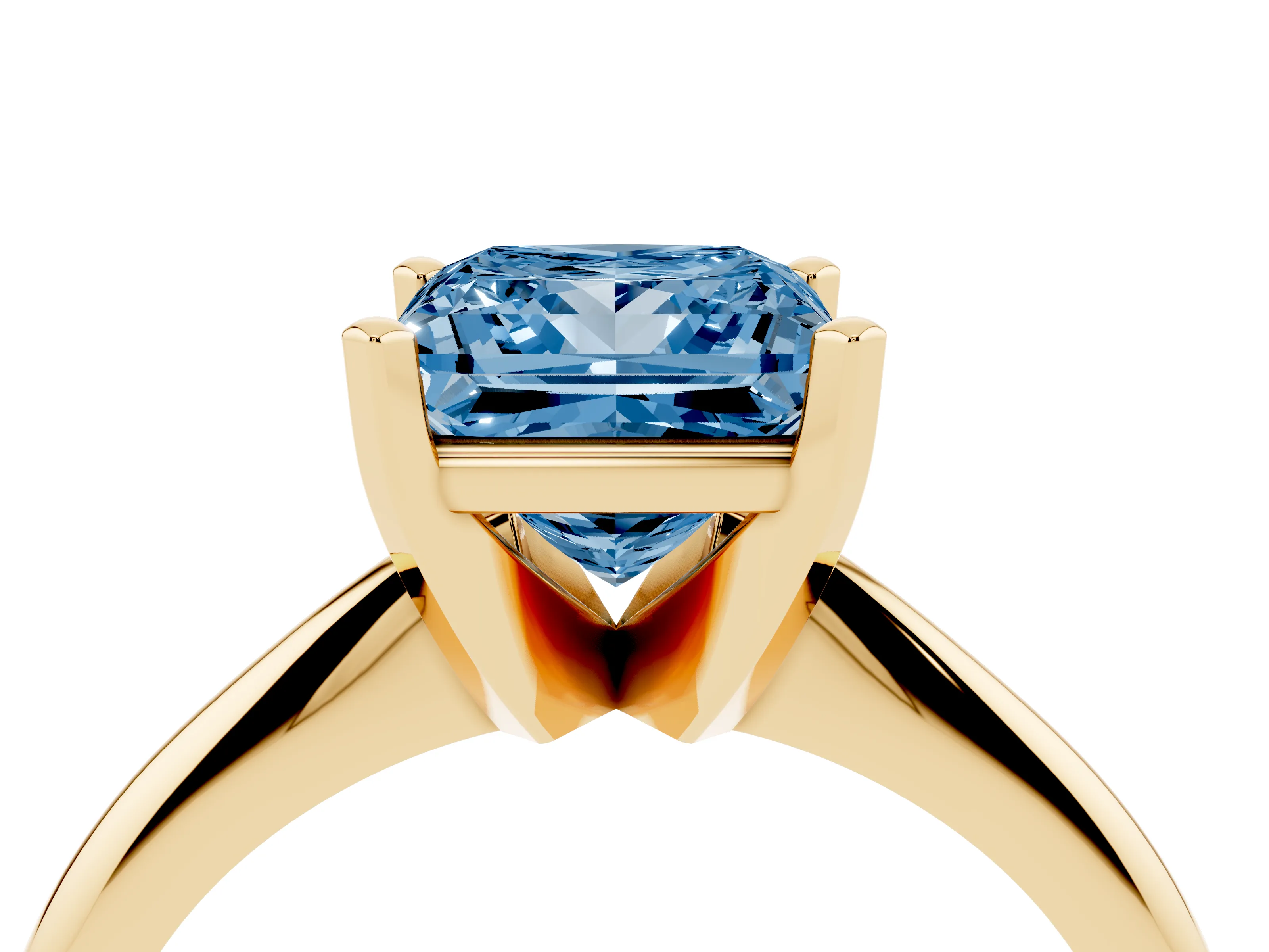 Fancy Blue Princess Cut Diamond Solitaire Ring Set in Yellow gold with Prong Setting on a Plain Round Band