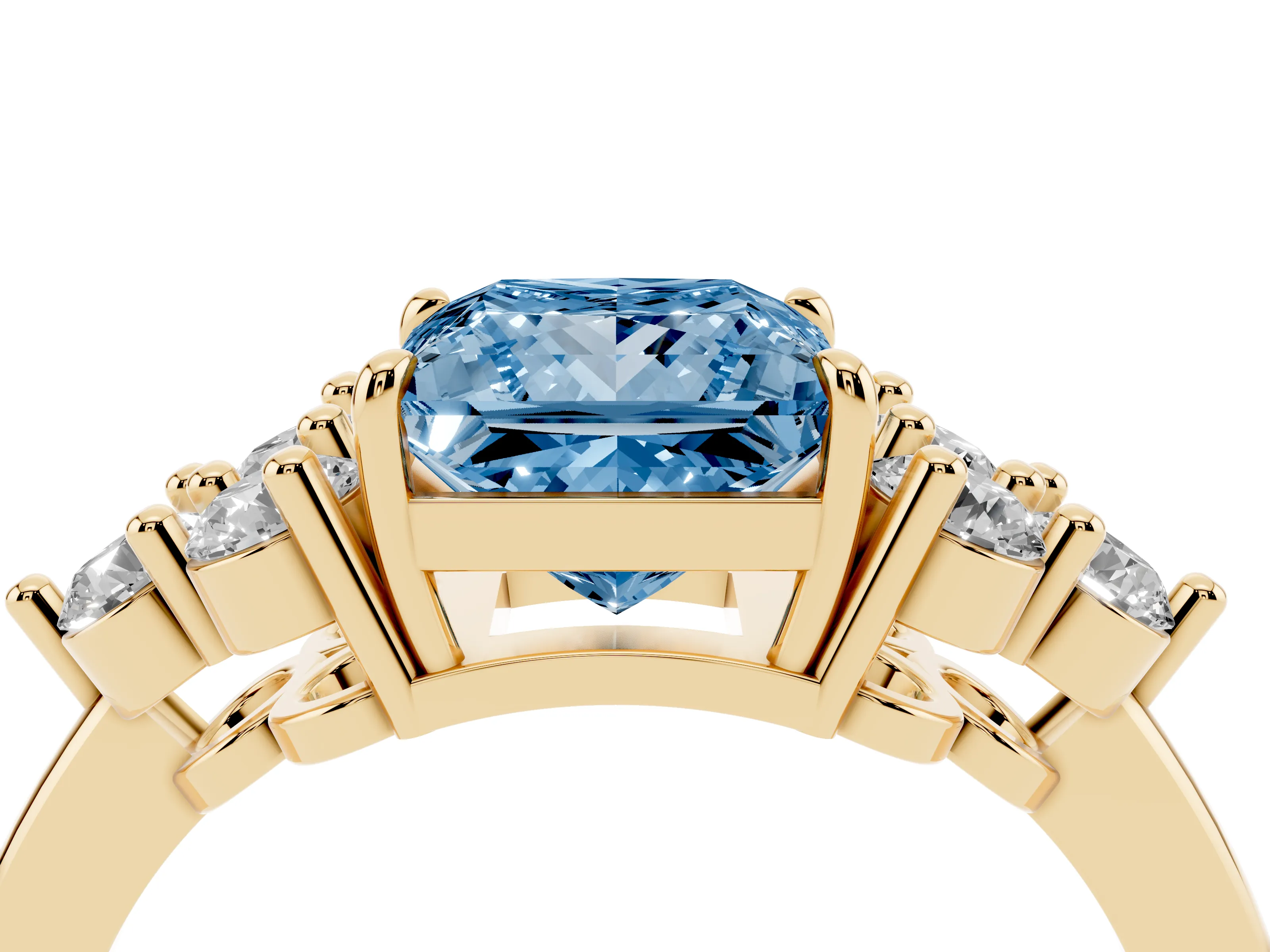 Fancy Blue Princess Cut Diamond Solitaire Ring Set in Yellow gold with Cluster Accents on Each Side