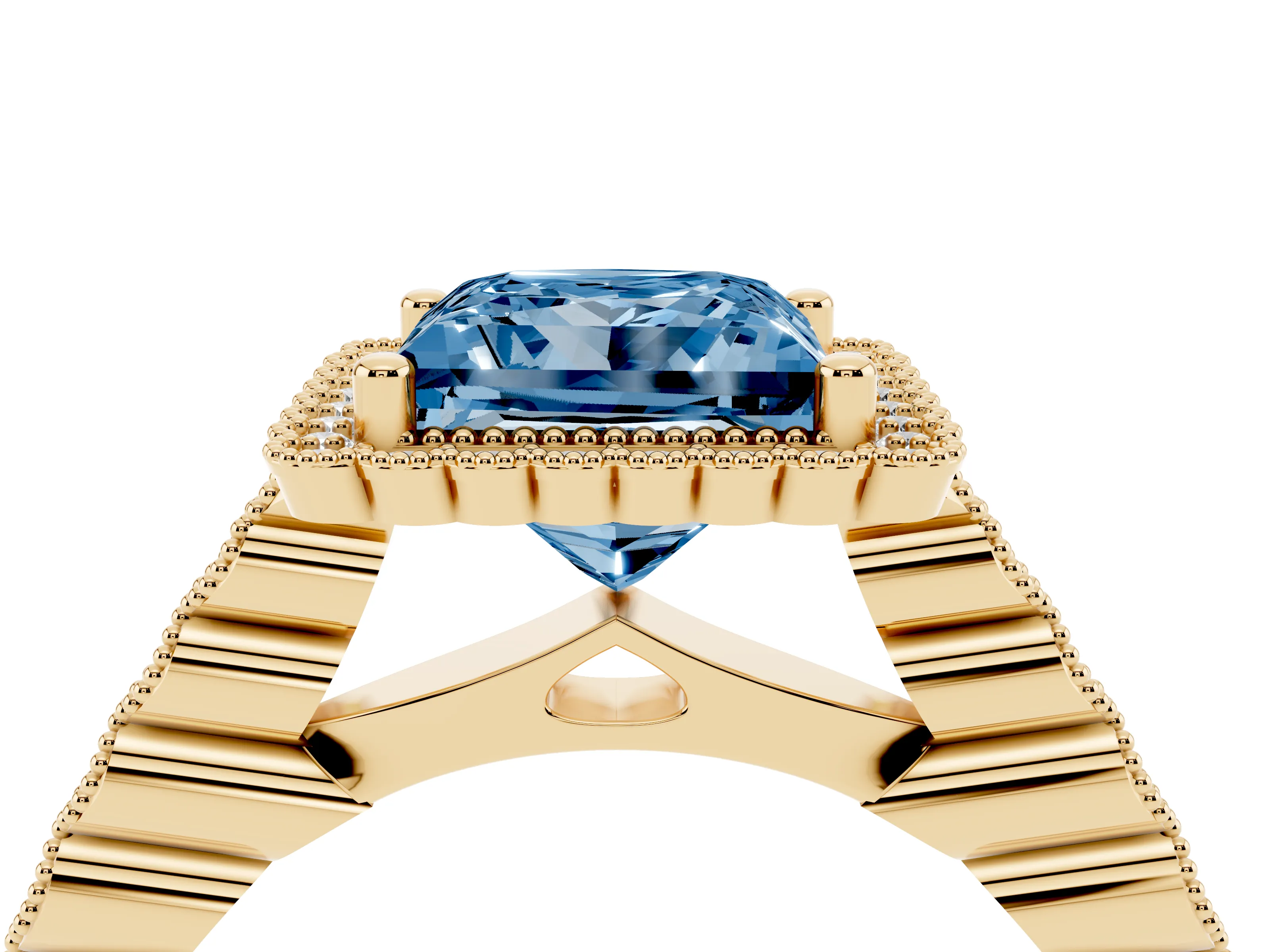 Fancy Blue Princess Cut Diamond Halo Ring Set in Yellow gold with Pavé Milgrain Band