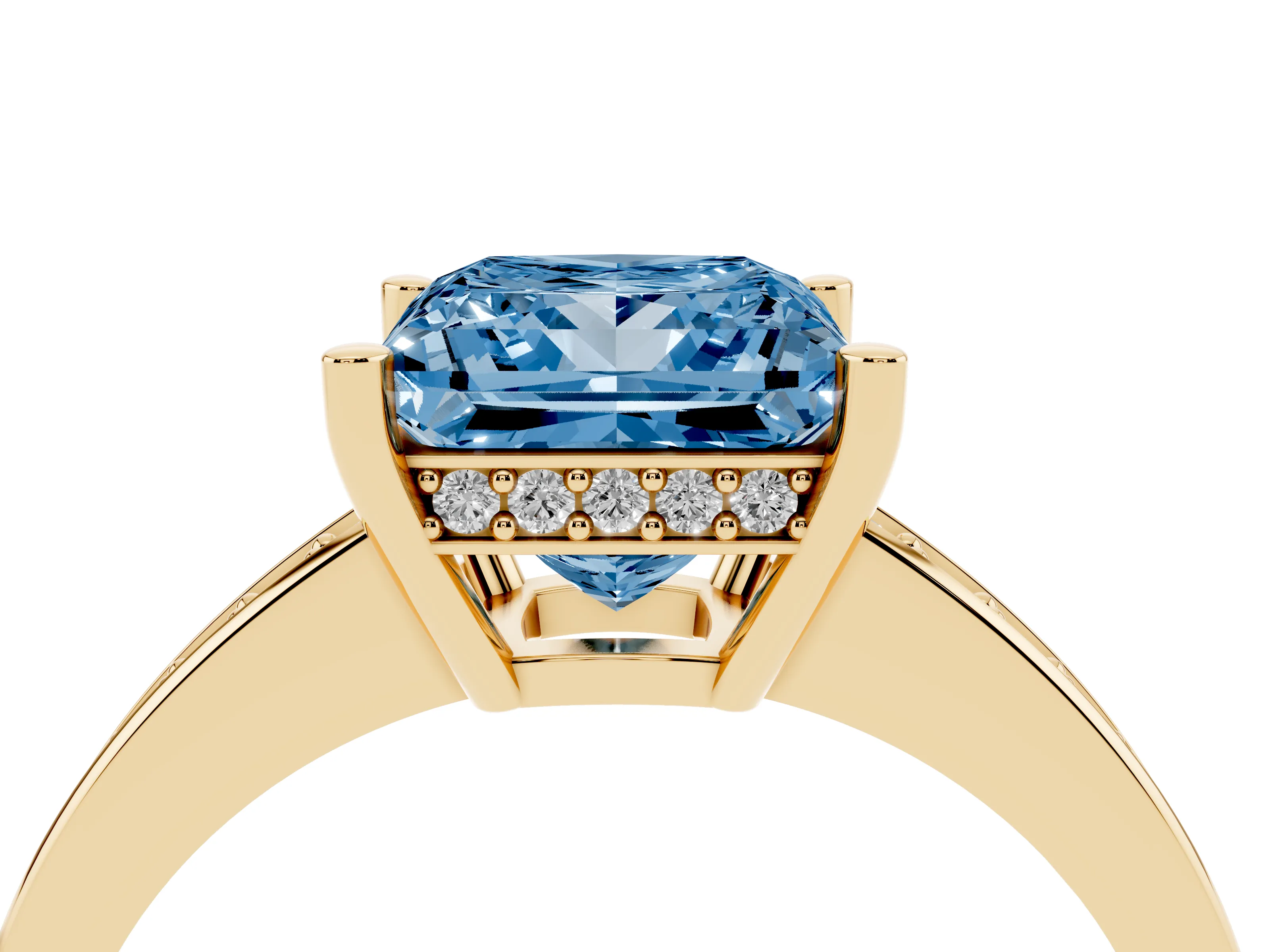 Fancy Blue Princess Cut Diamond Pavé Band Prong Set Solitaire Ring Set in Yellow gold