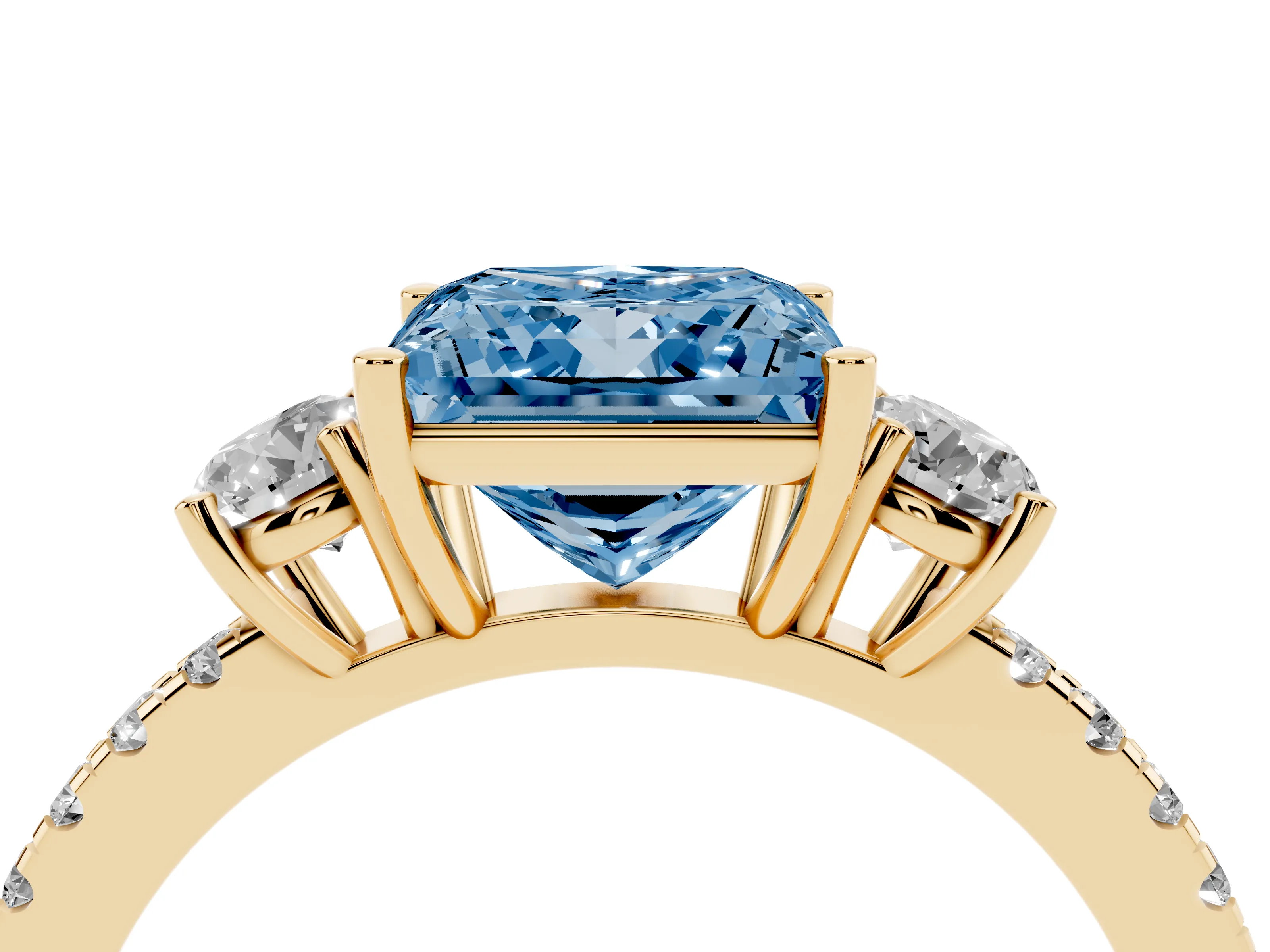 Fancy Blue Princess Cut Diamond Three-Stone Ring Set in Yellow gold with Pavé Band and Graduated Sides