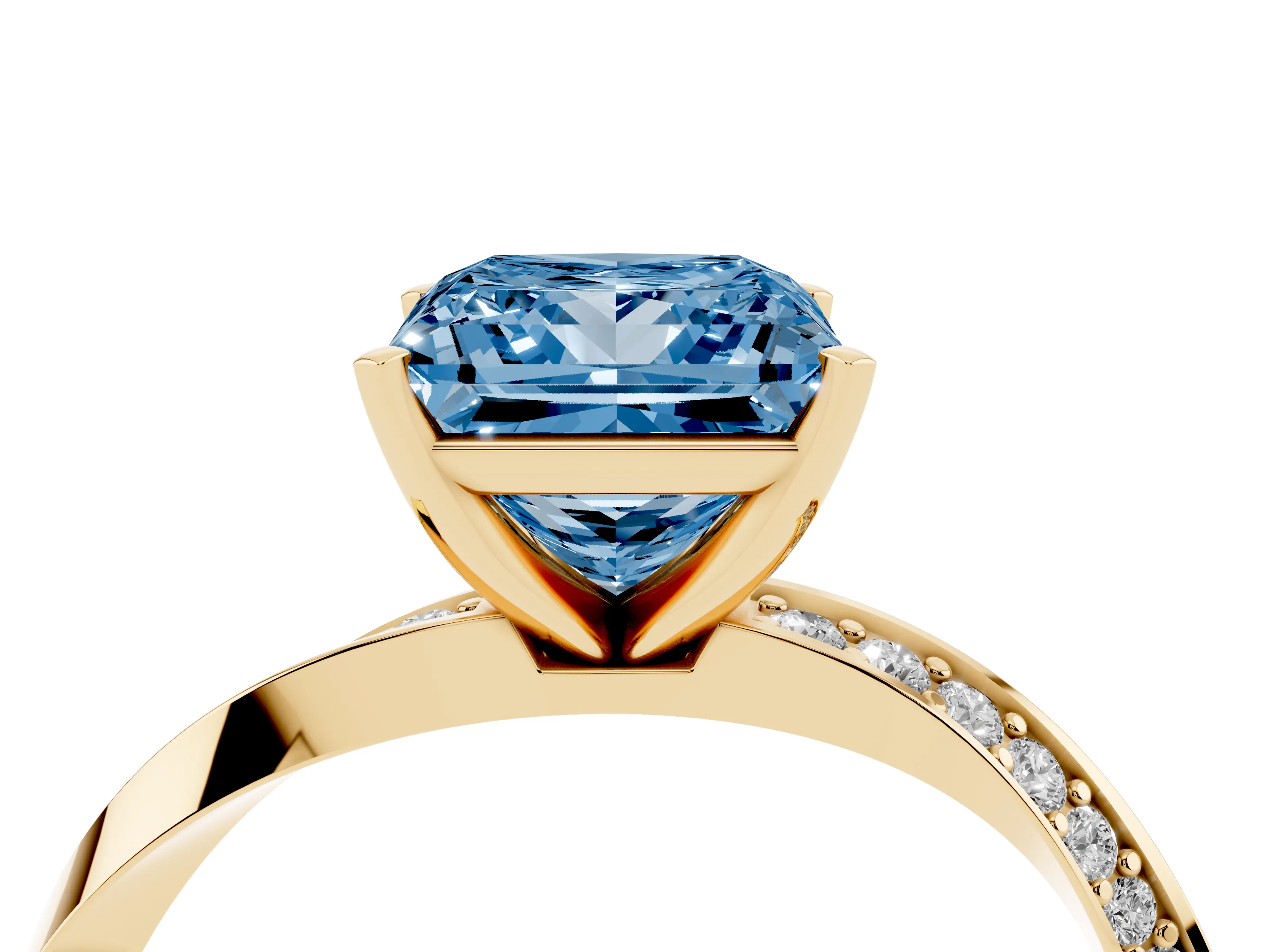 Fancy Blue Princess Cut Diamond Engagement Ring Set in Yellow gold with Side Stone Accents and Prong Setting
