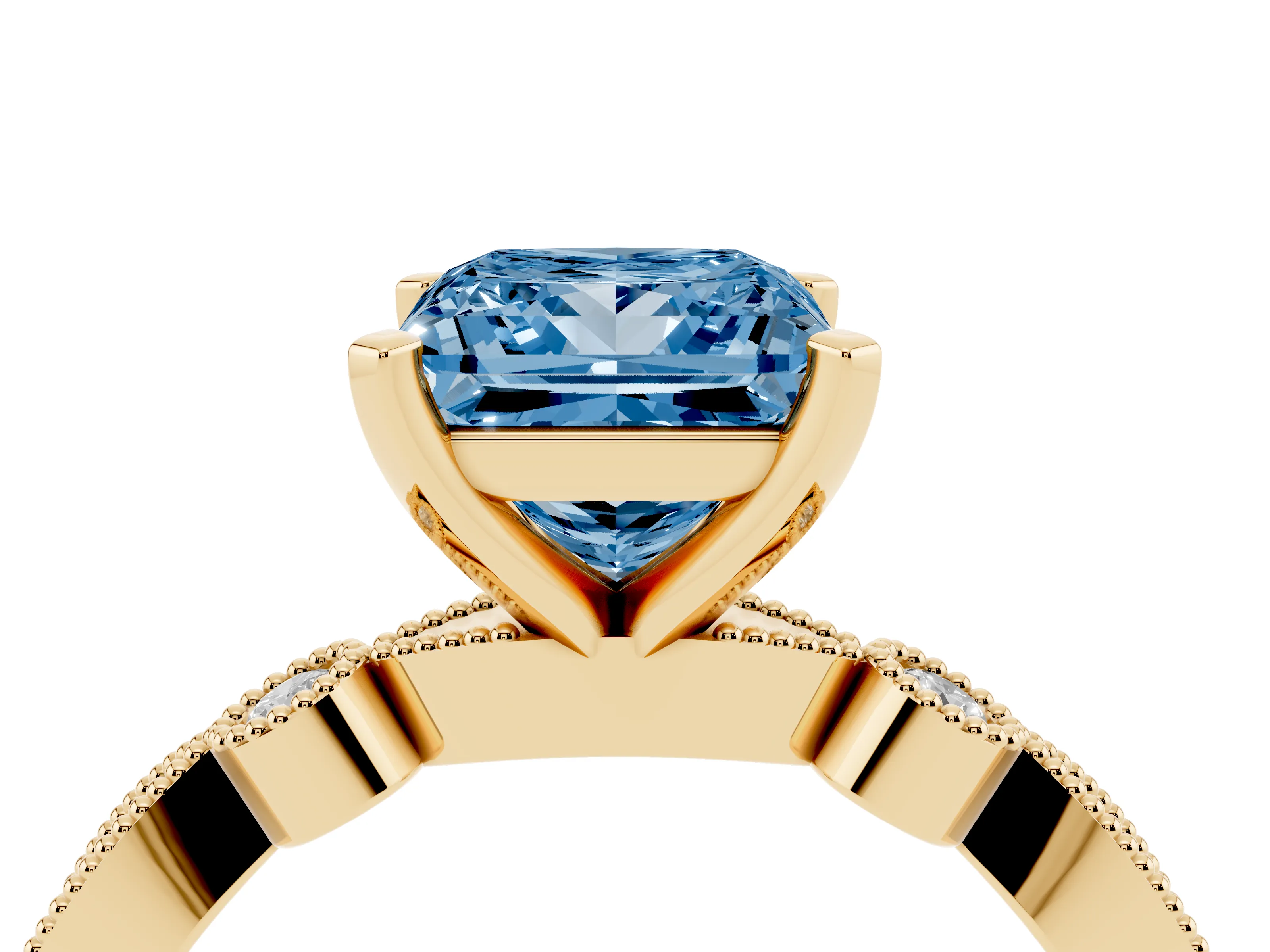 Fancy Blue Princess Cut Diamond Solitaire Engagement Ring Set in Yellow gold with Milgrain Bezel Accent Band