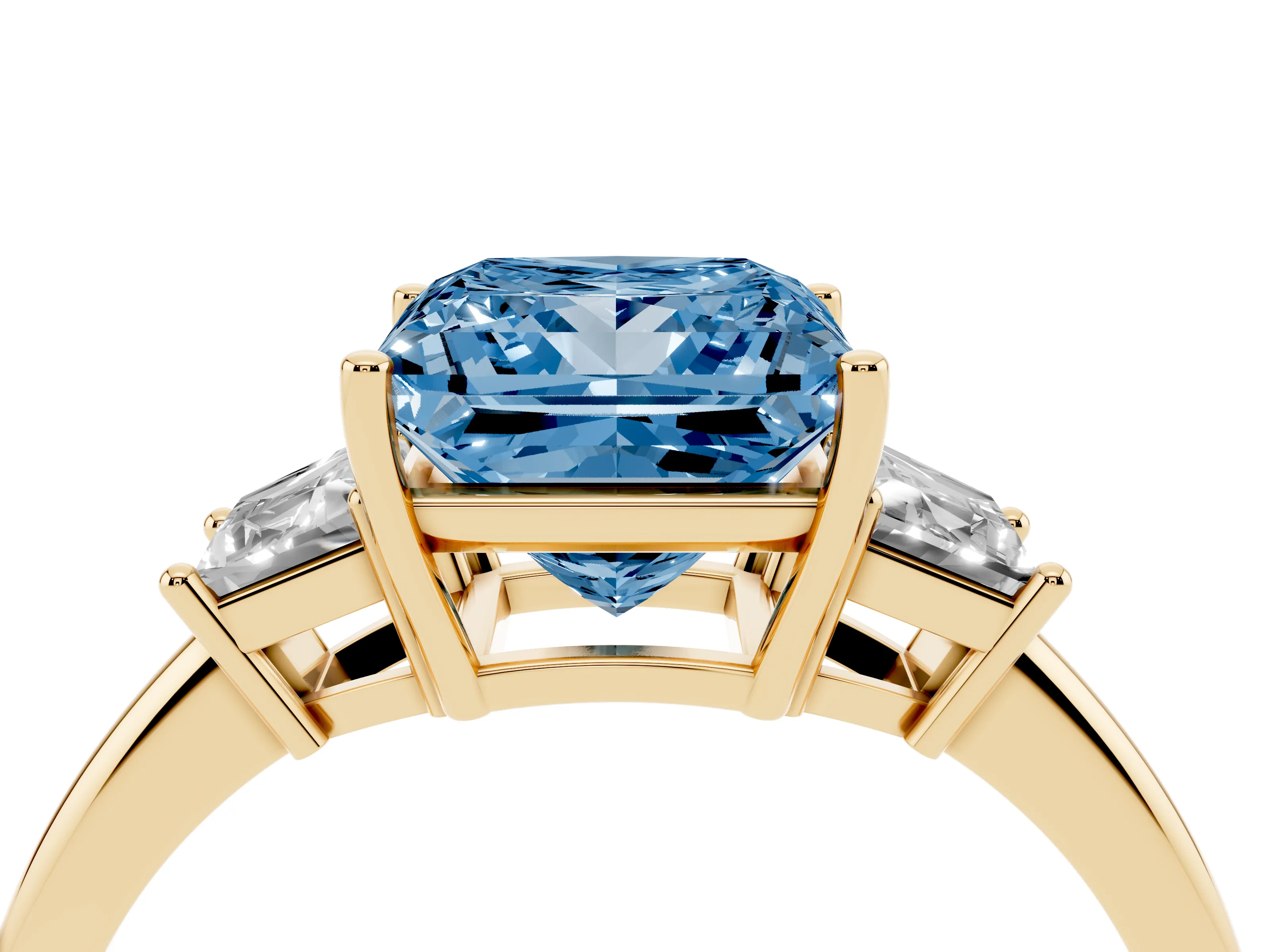 Fancy Blue Princess Cut Diamond Three-Stone Ring Set in Yellow gold with Trapezoid Side Stones and Prong Setting