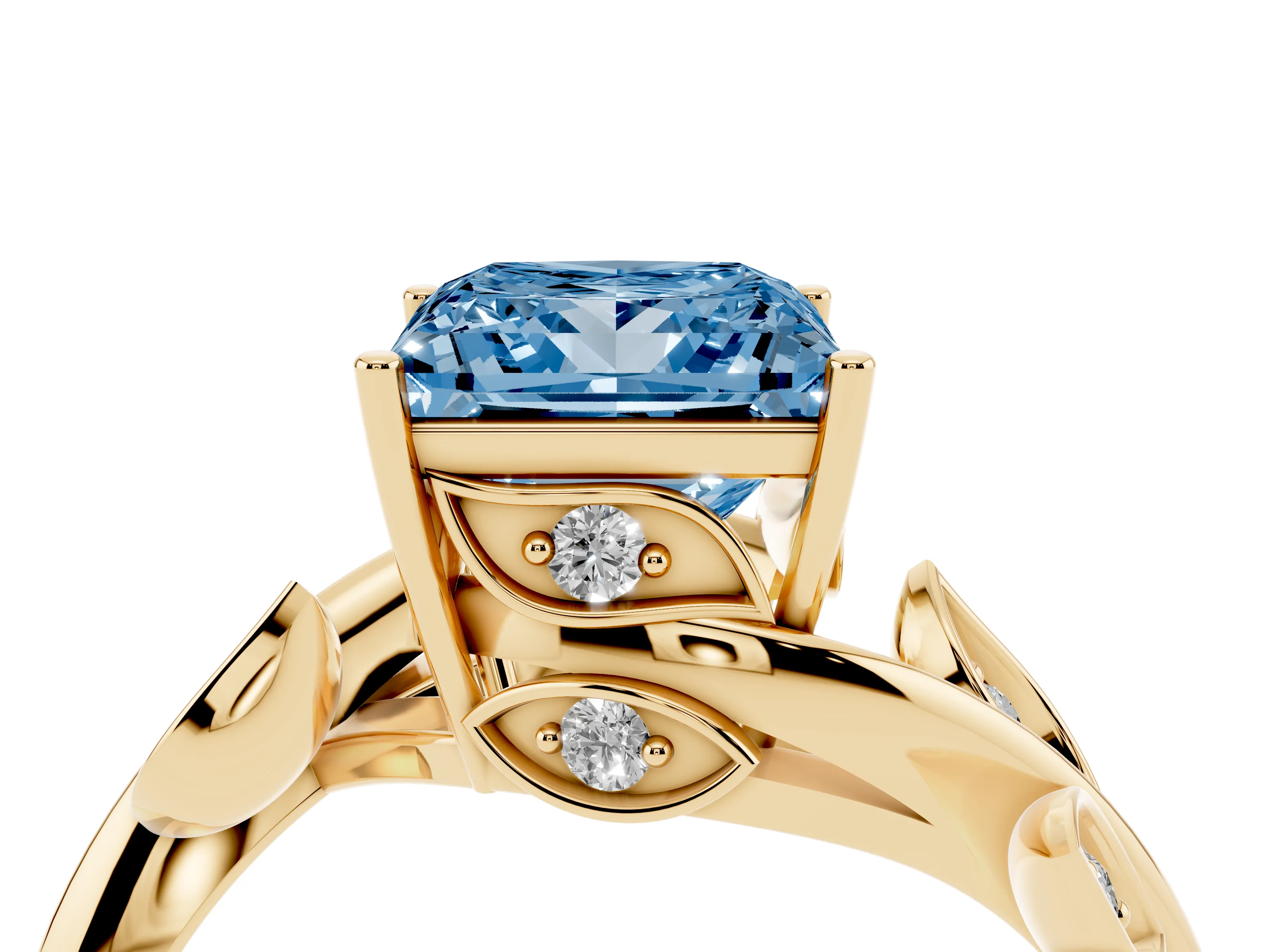 Fancy Blue Princess Cut Diamond Solitaire Twist Engagement Ring Set in Yellow gold with Pavé Leaf Accents