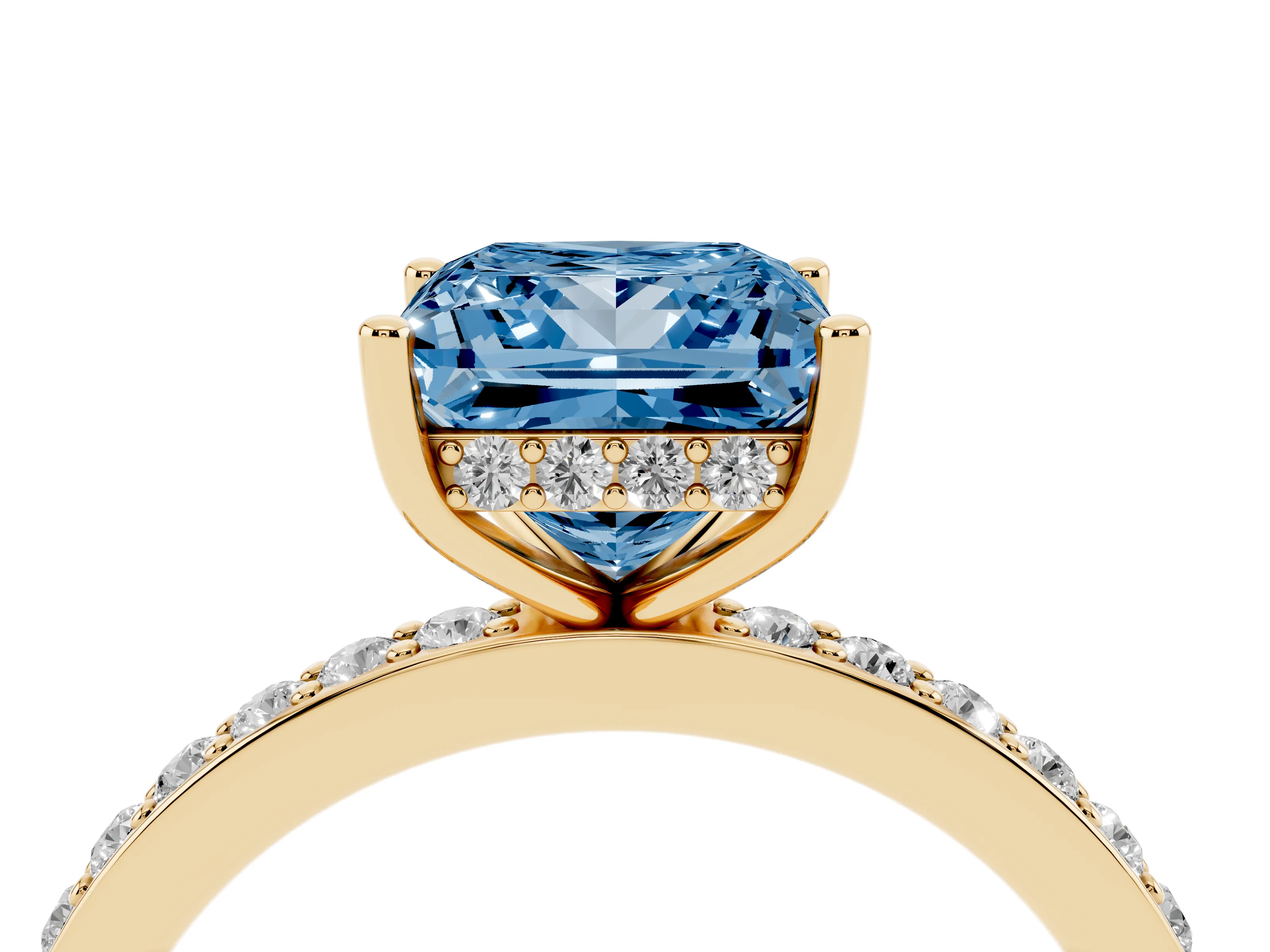 Fancy Blue Princess Cut Diamond Pavé Band Ring Set in Yellow gold with Prong-Set Center Stone