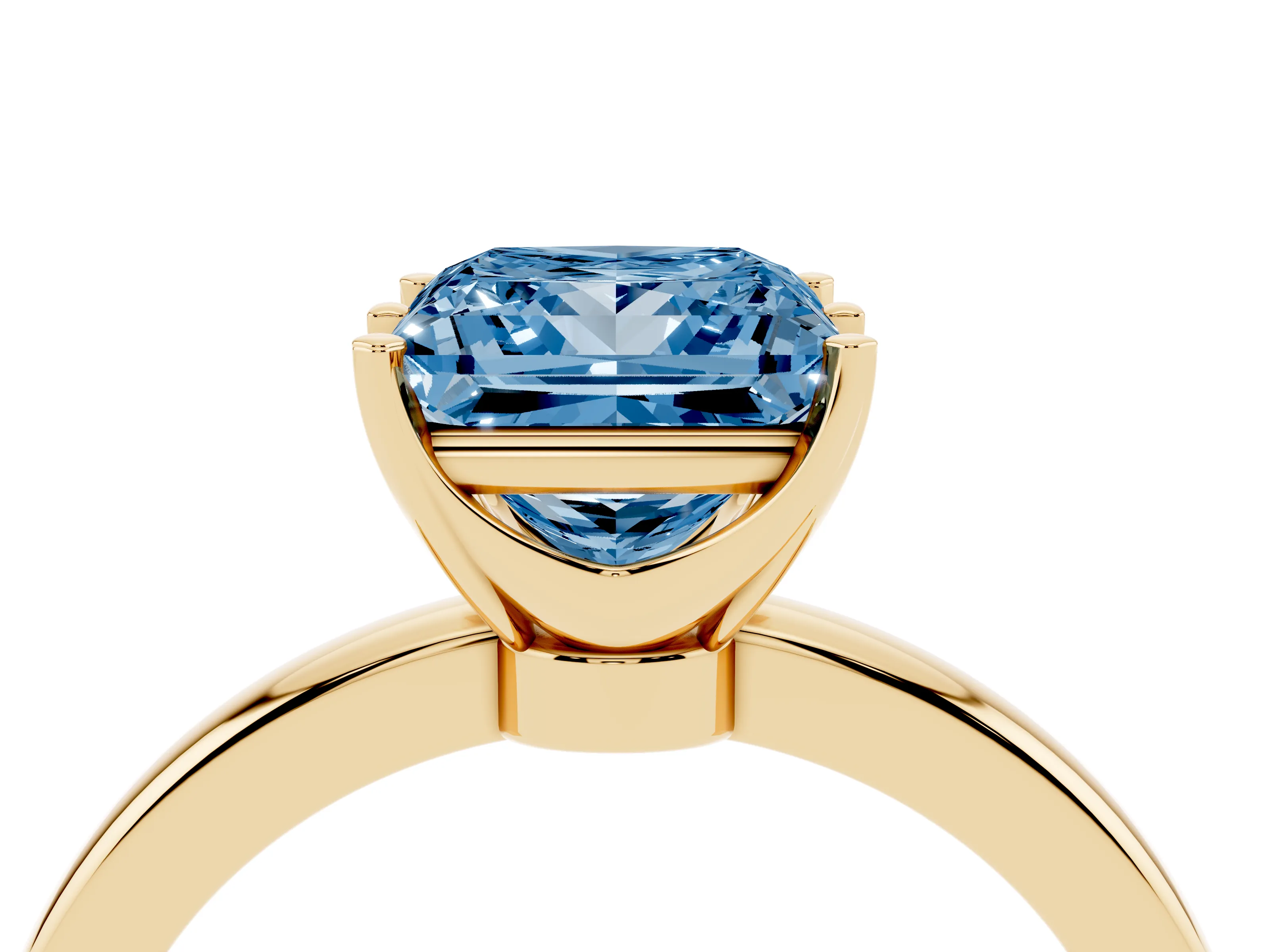 Fancy Blue Princess Cut Diamond Solitaire Ring Set in Yellow gold with Raised Prong Setting on a Classic Band