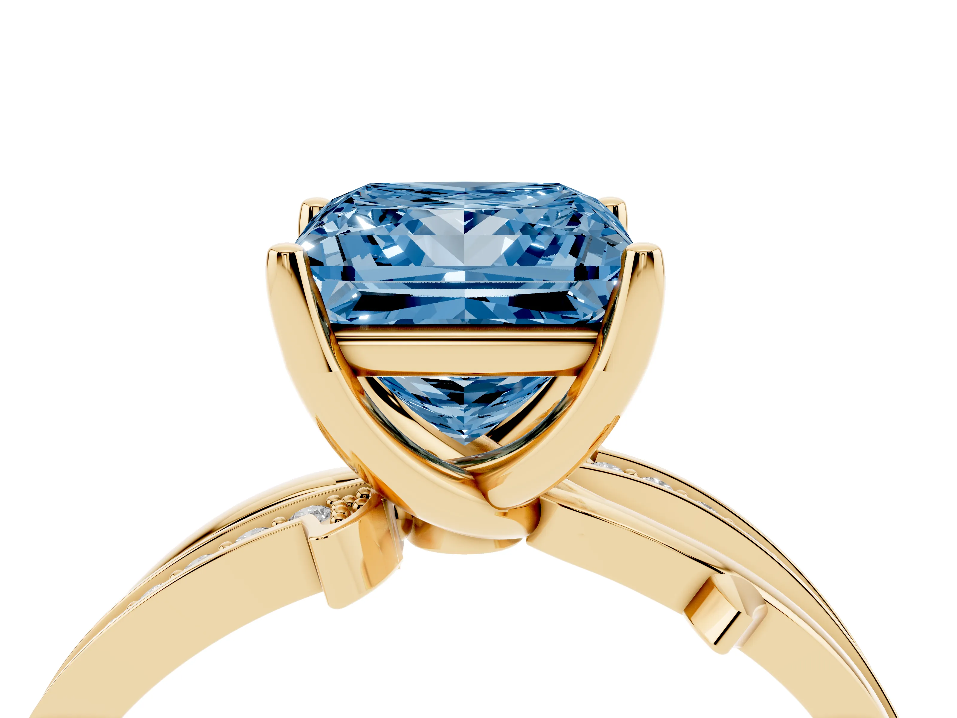 Fancy Blue Princess Cut Diamond Pavé Twist Band Solitaire Ring Set in Yellow gold with Prong Setting