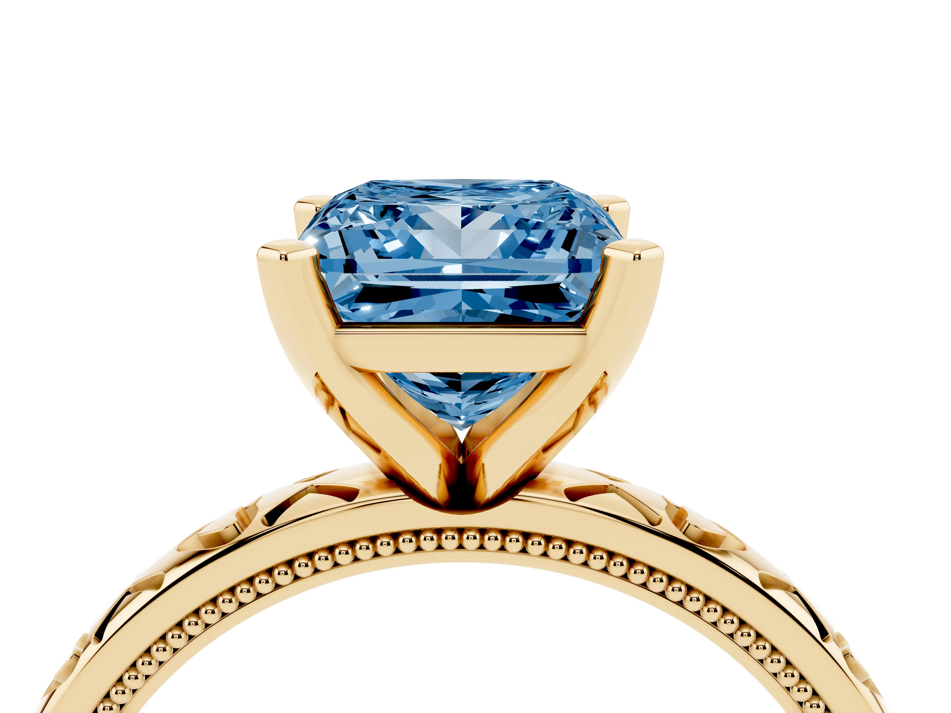 Fancy Blue Princess Cut Diamond Solitaire Engagement Ring Set in Yellow gold with XO Engraved Band and Prong Setting