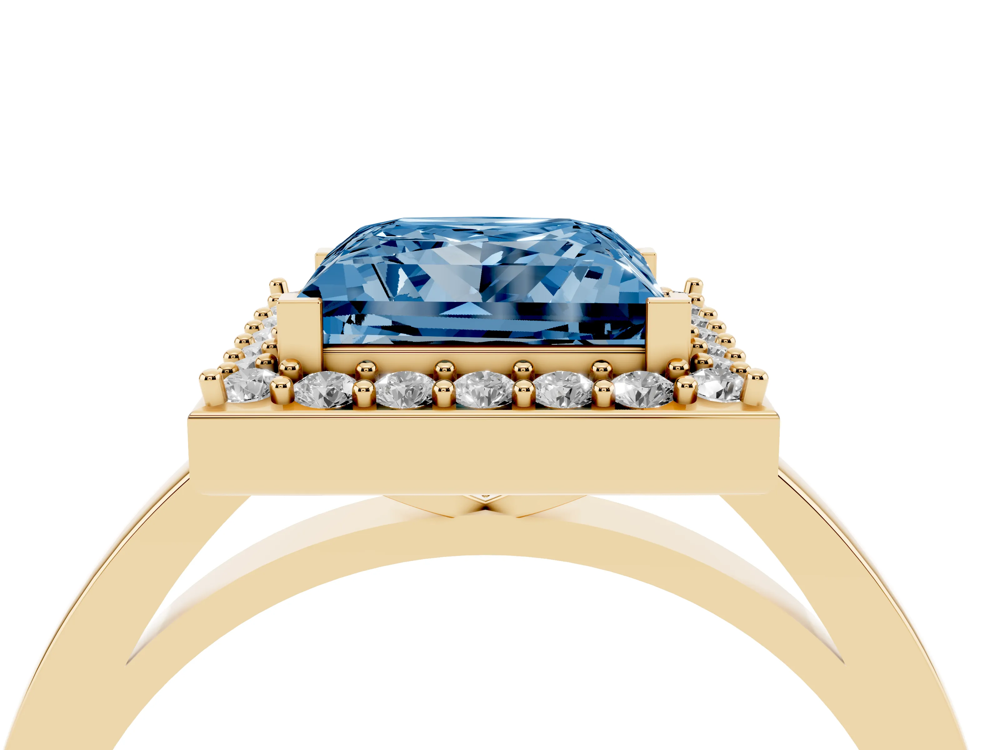 Fancy Blue Princess Cut Diamond Halo Ring Set in Yellow gold with Solitaire Band and Prong Setting