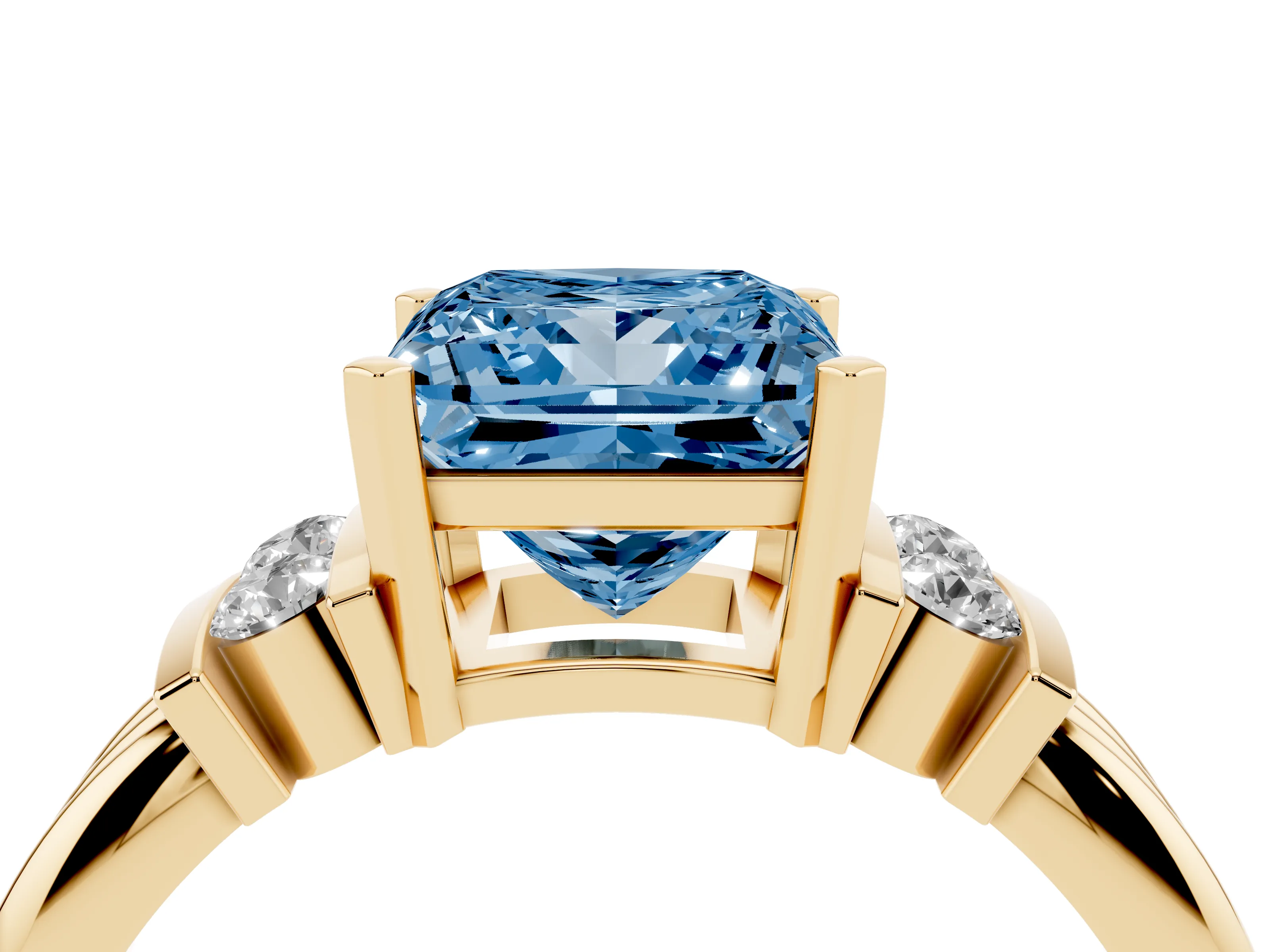 Fancy Blue Three-Stone Princess Cut Diamond Channel Set Ring Set in Yellow gold with Bar Prongs