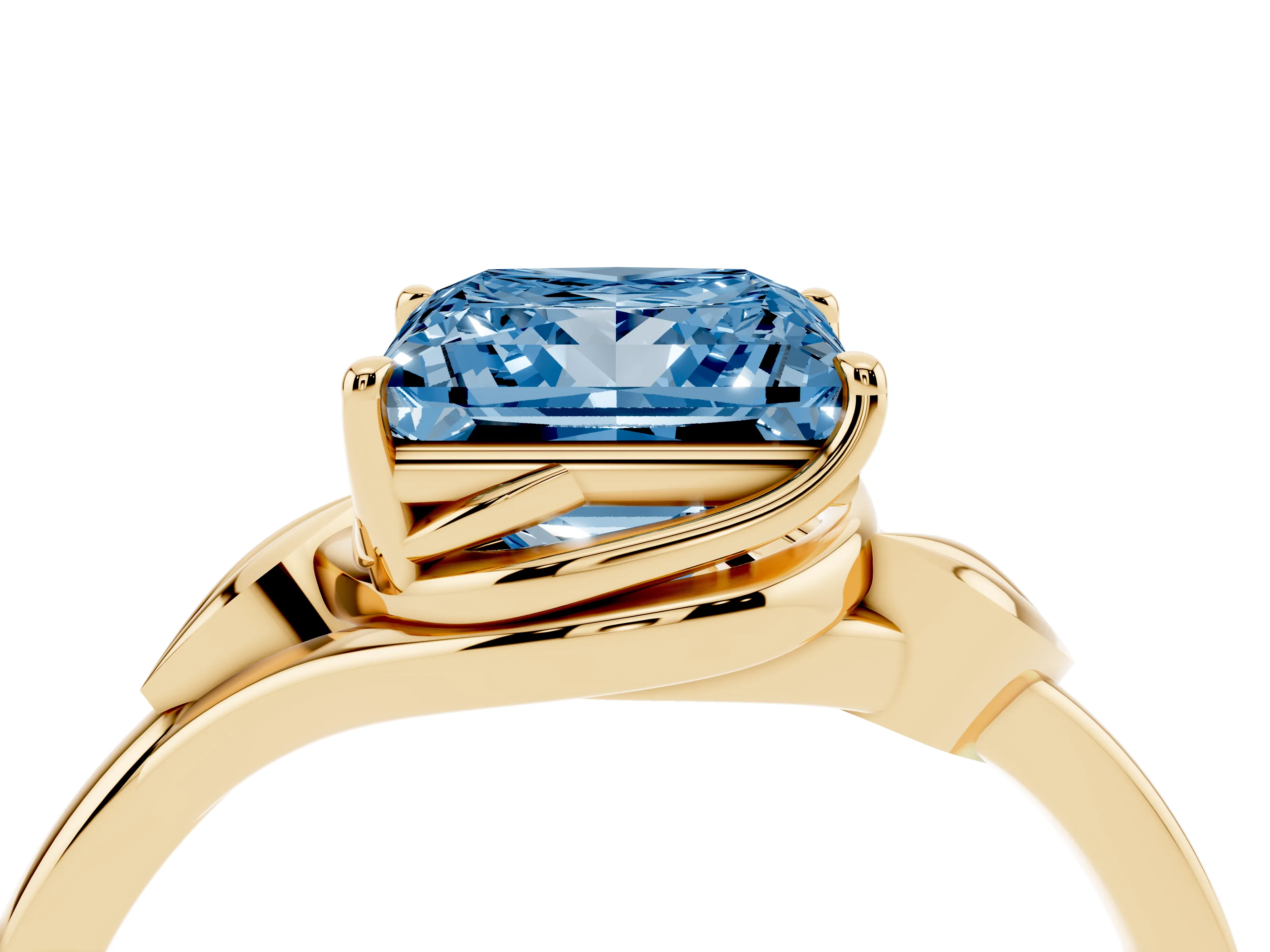 Fancy Blue Princess Cut Diamond Solitaire Ring Set in Yellow gold with Polished Twist Band