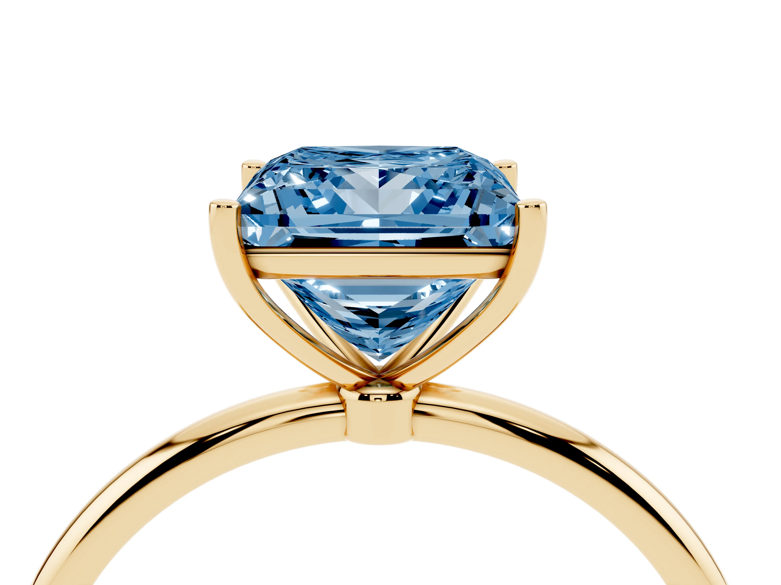 Fancy Blue Princess Cut Diamond Solitaire Engagement Ring Set in Yellow gold with Thin Band and Prong Setting