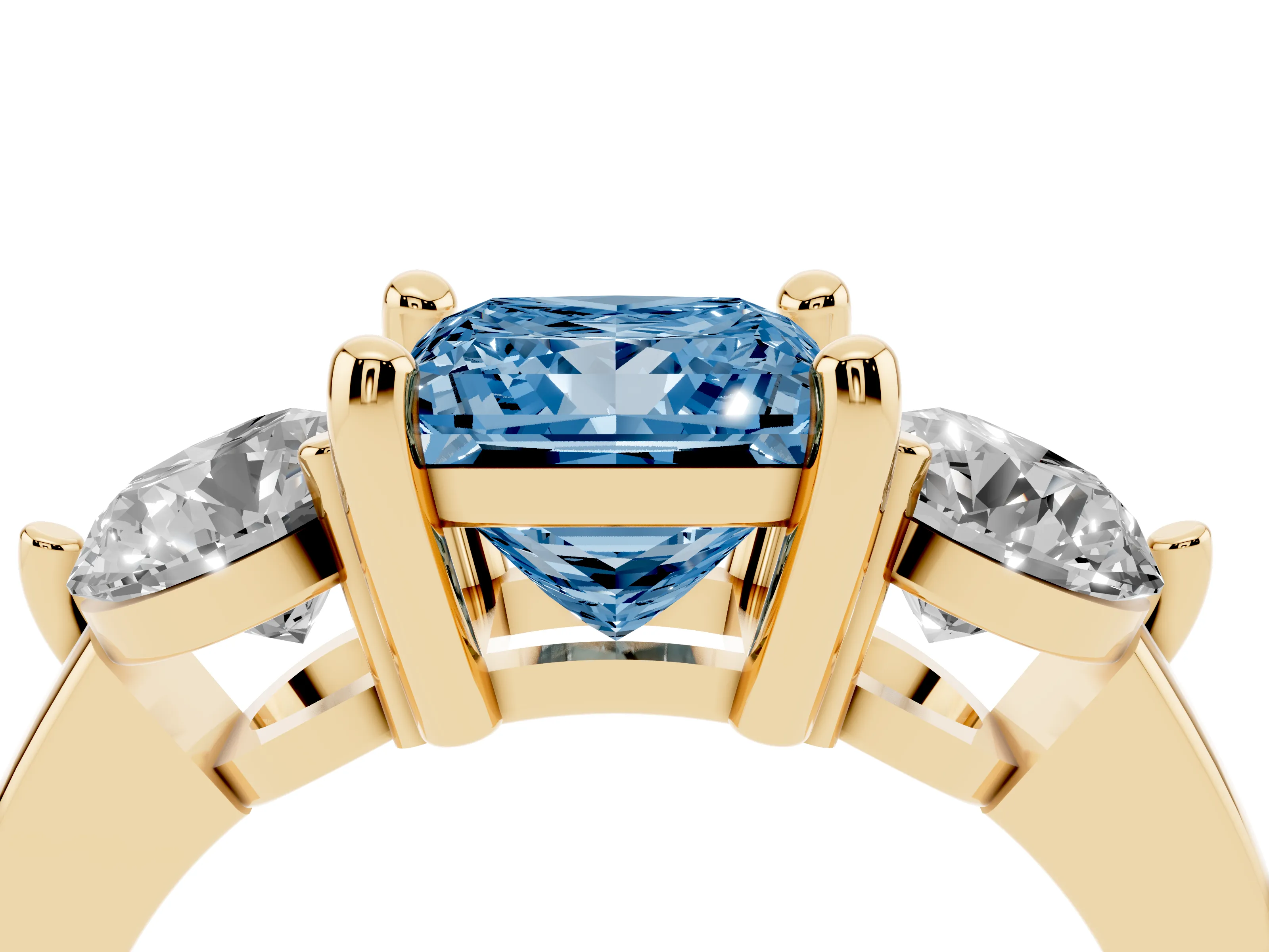 Fancy Blue Princess Cut Diamond Three-Stone Ring Set in Yellow gold with Prong Setting and Classic Band