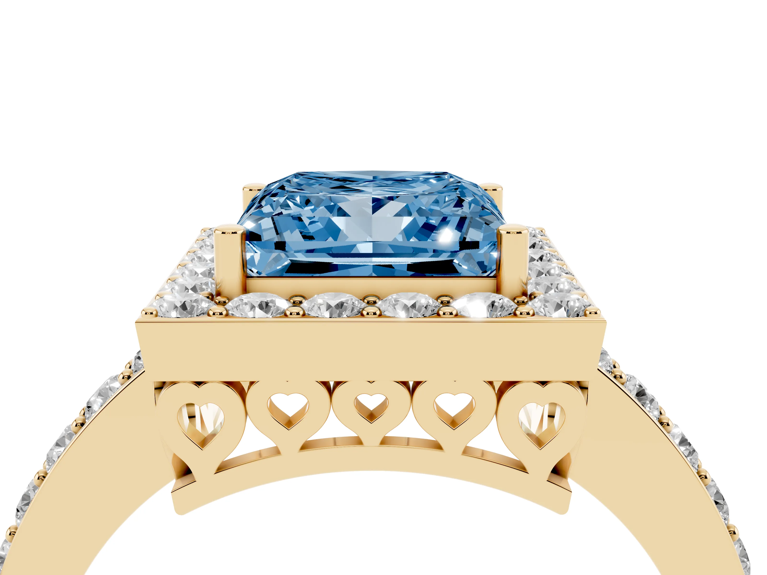 Fancy Blue Princess Cut Diamond Halo Ring Set in Yellow gold with Pavé-Setting Band and Open Prong Center