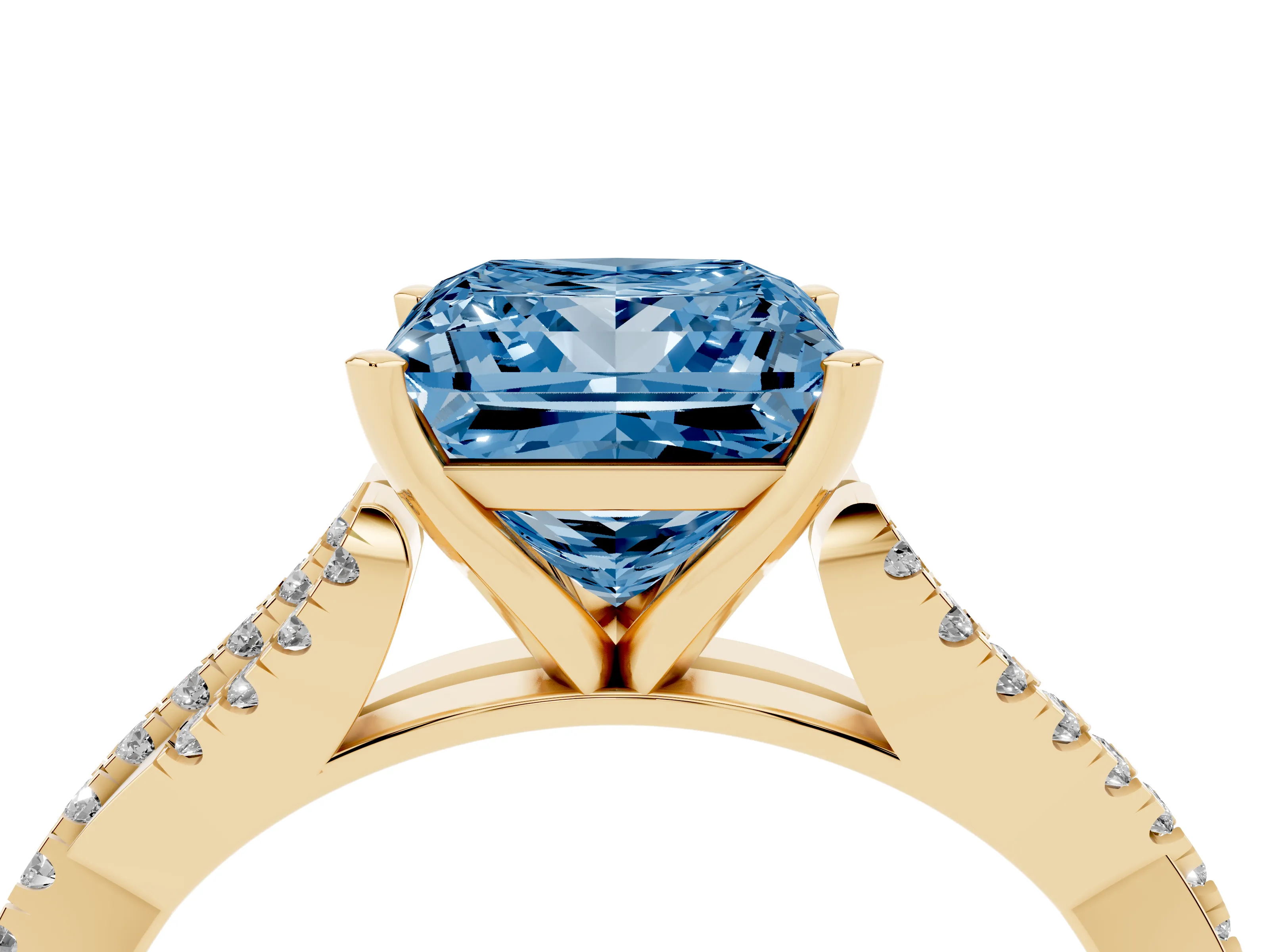 Fancy Blue Princess Cut Diamond Solitaire Engagement Ring Set in Yellow gold with Twisted Pavé Band and Prong Setting