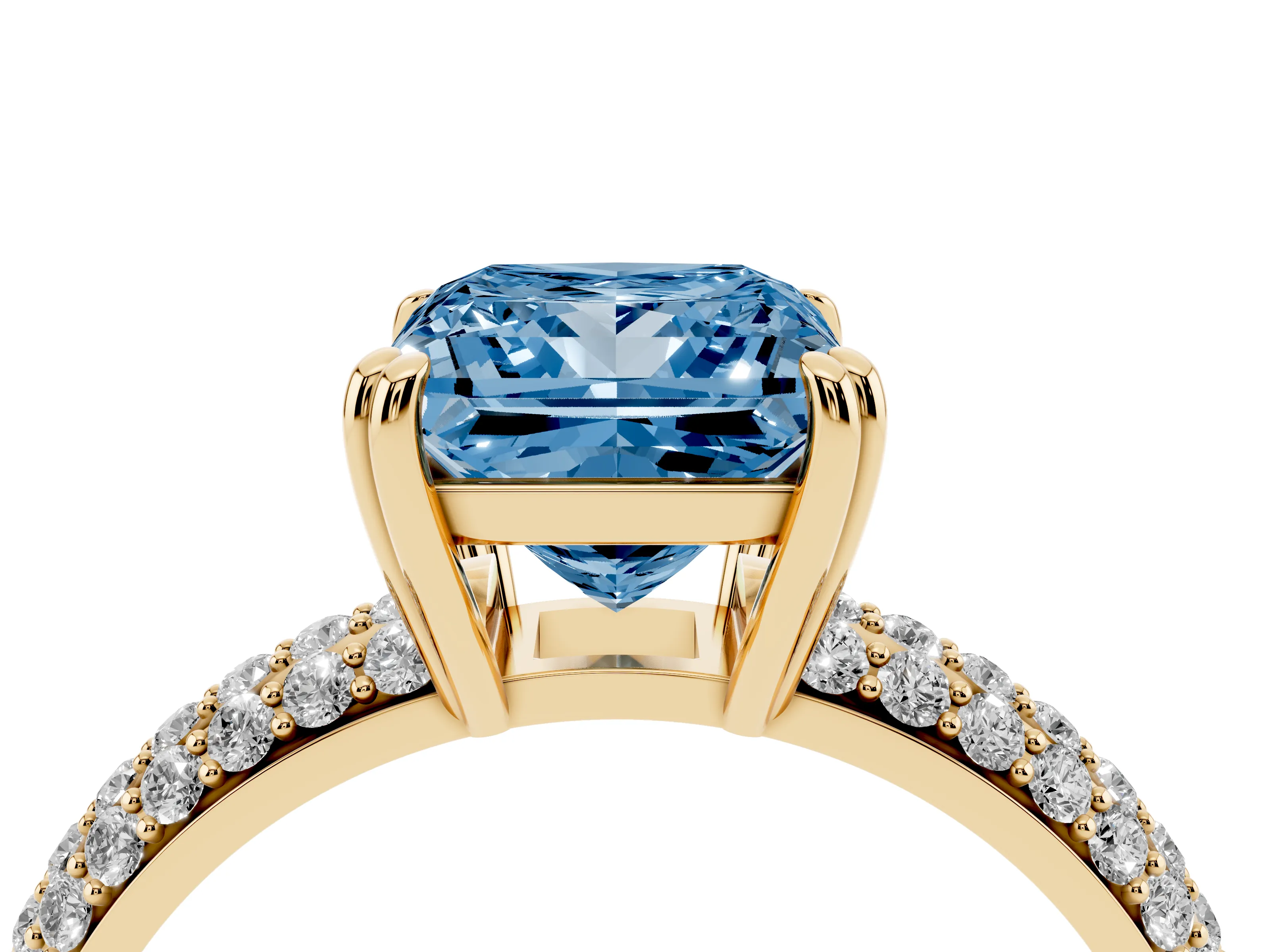 Fancy Blue Princess Cut Diamond Solitaire Ring Set in Yellow gold with Multi-Row Round Pavé Band and Prong Setting
