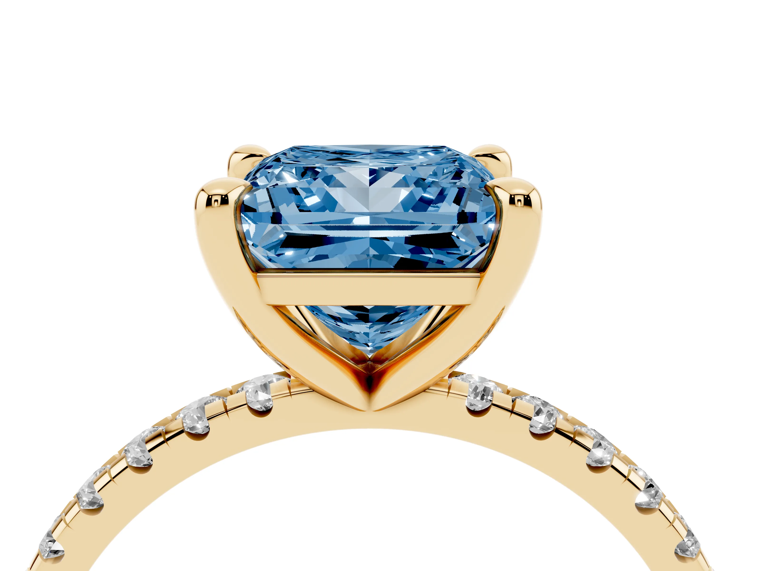 Fancy Blue Princess Cut Diamond Brilliant Solitaire Ring Set in Yellow gold with Pavé Band and Prong Setting