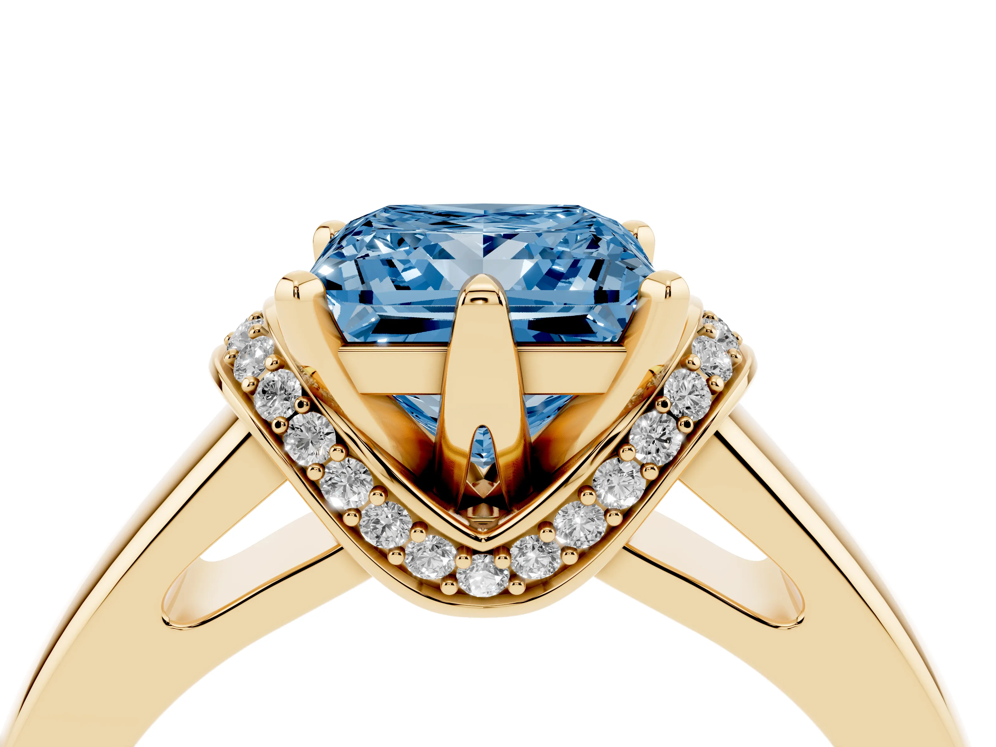 Fancy Blue Princess Cut Diamond Pavé Band Solitaire Ring Set in Yellow gold with Prong Setting