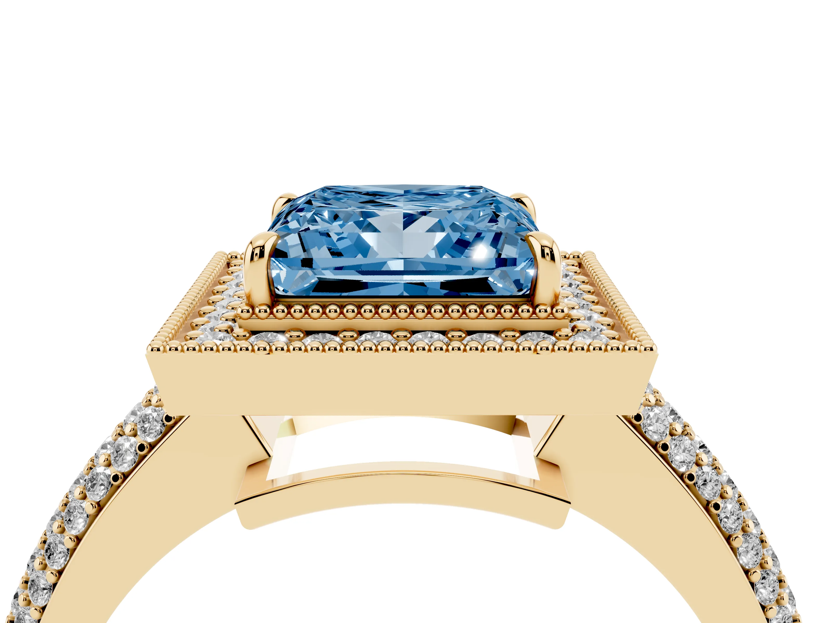 Fancy Blue Princess Cut Diamond Halo Pavé Band Set in Yellow gold with Prong Setting
