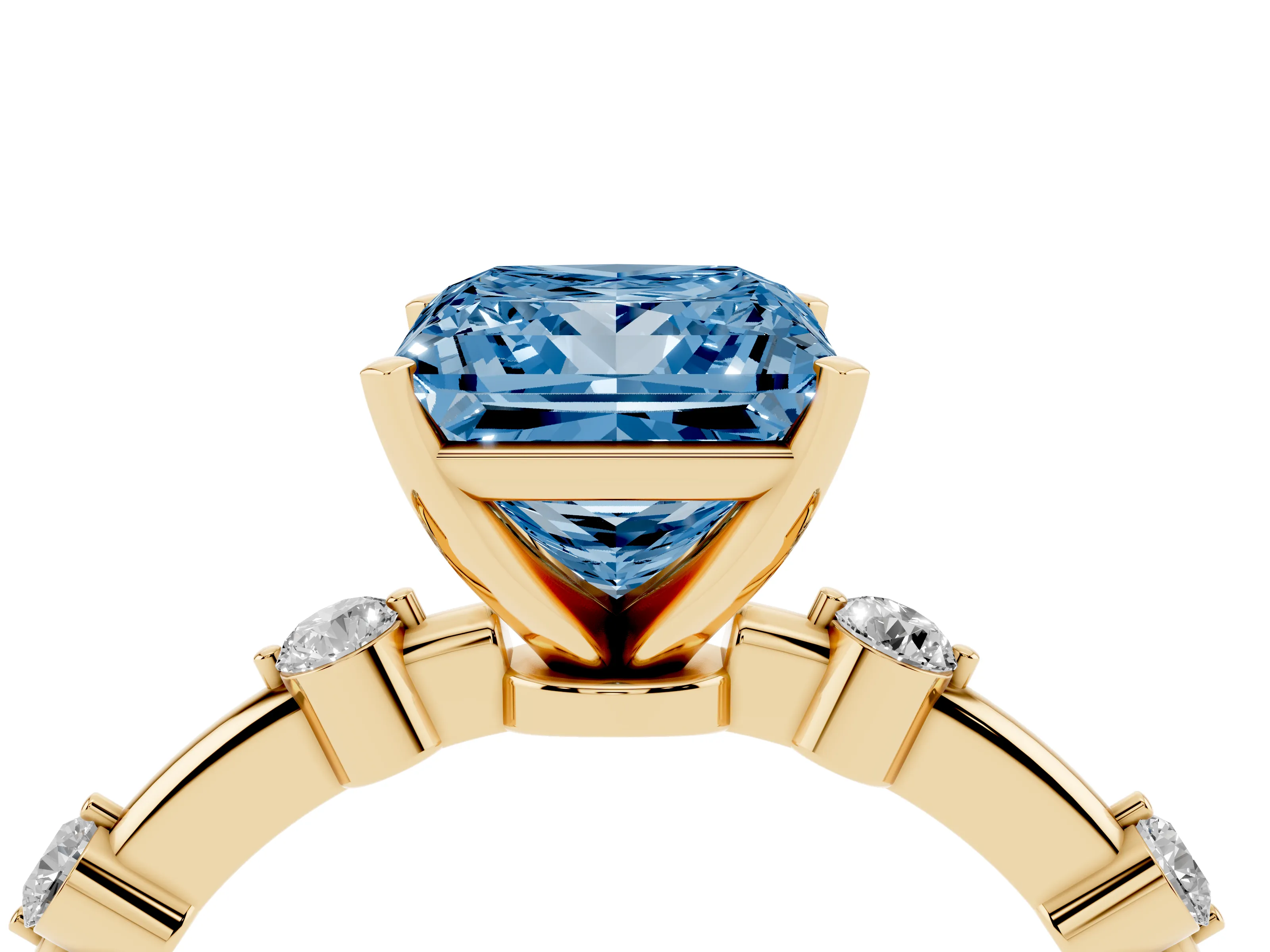 Fancy Blue Princess Cut Diamond Solitaire Ring Set in Yellow gold with Bezel Set Side Stones and Prong Setting