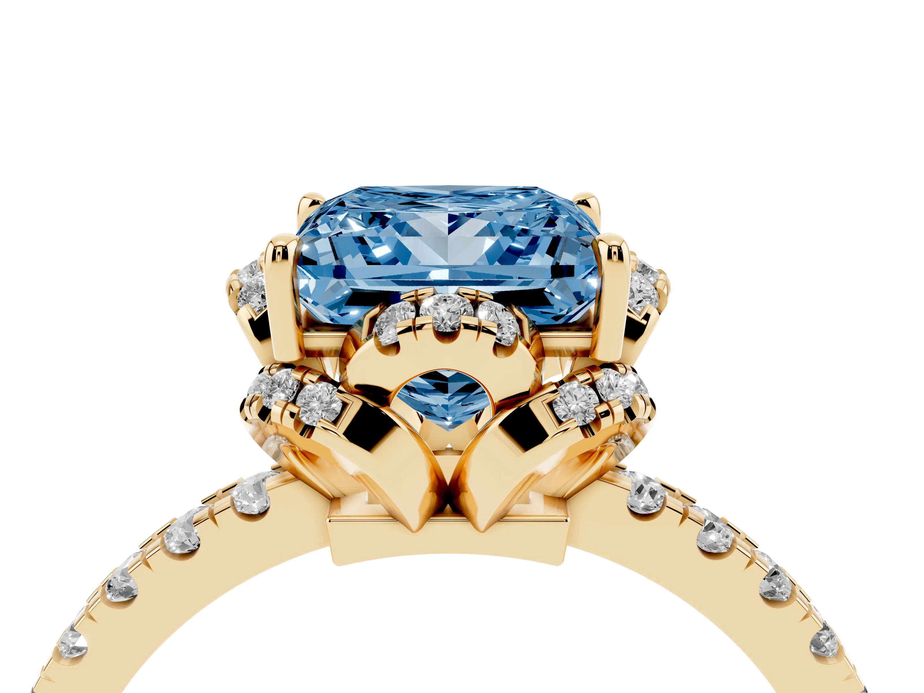 Fancy Blue Princess Cut Diamond Halo Pavé Band Ring Set in Yellow gold with Prong-Held Center