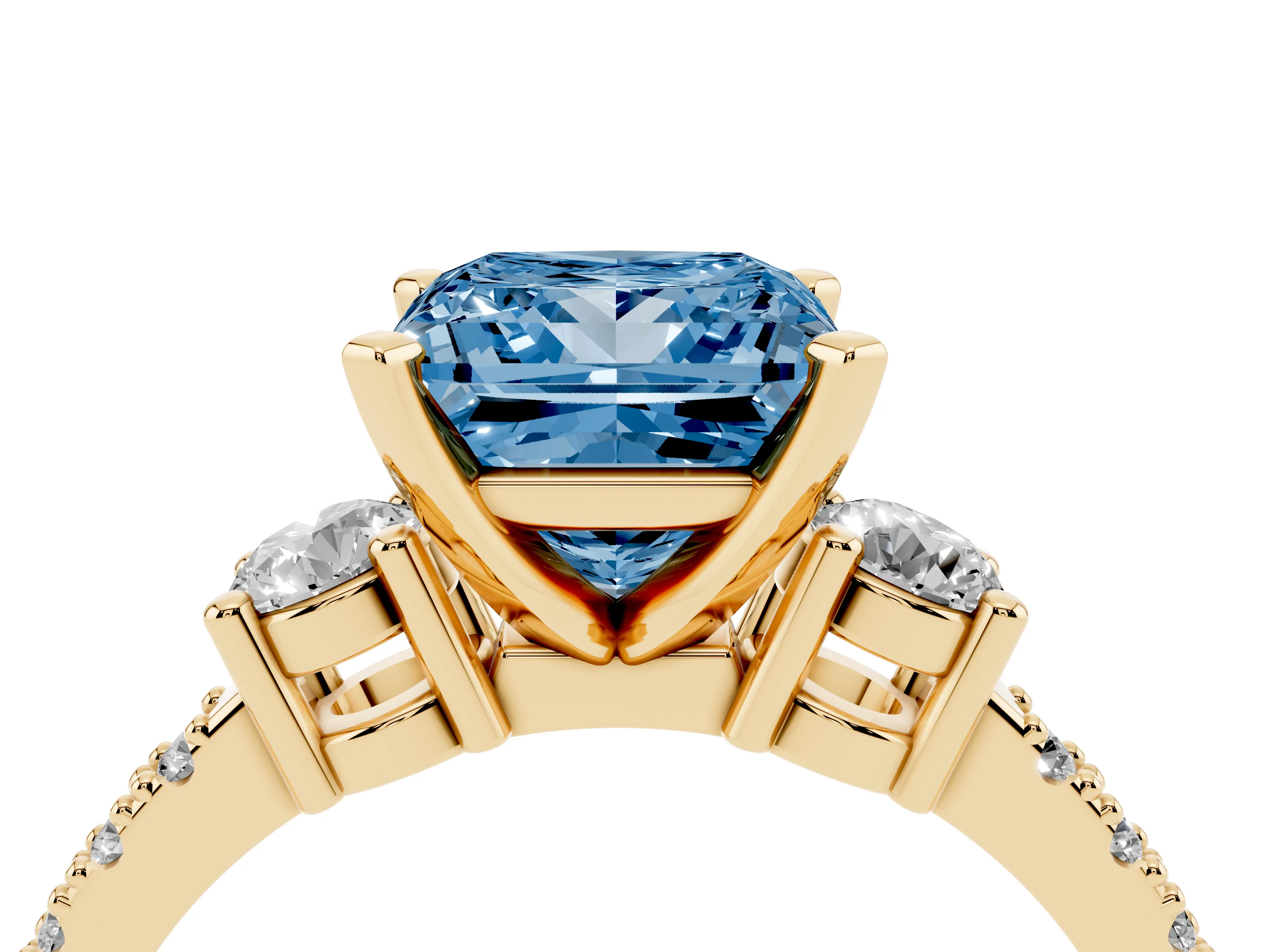 Fancy Blue Three-Stone Princess Cut Diamond Pavé Band Ring Set in Yellow gold with Prong Setting