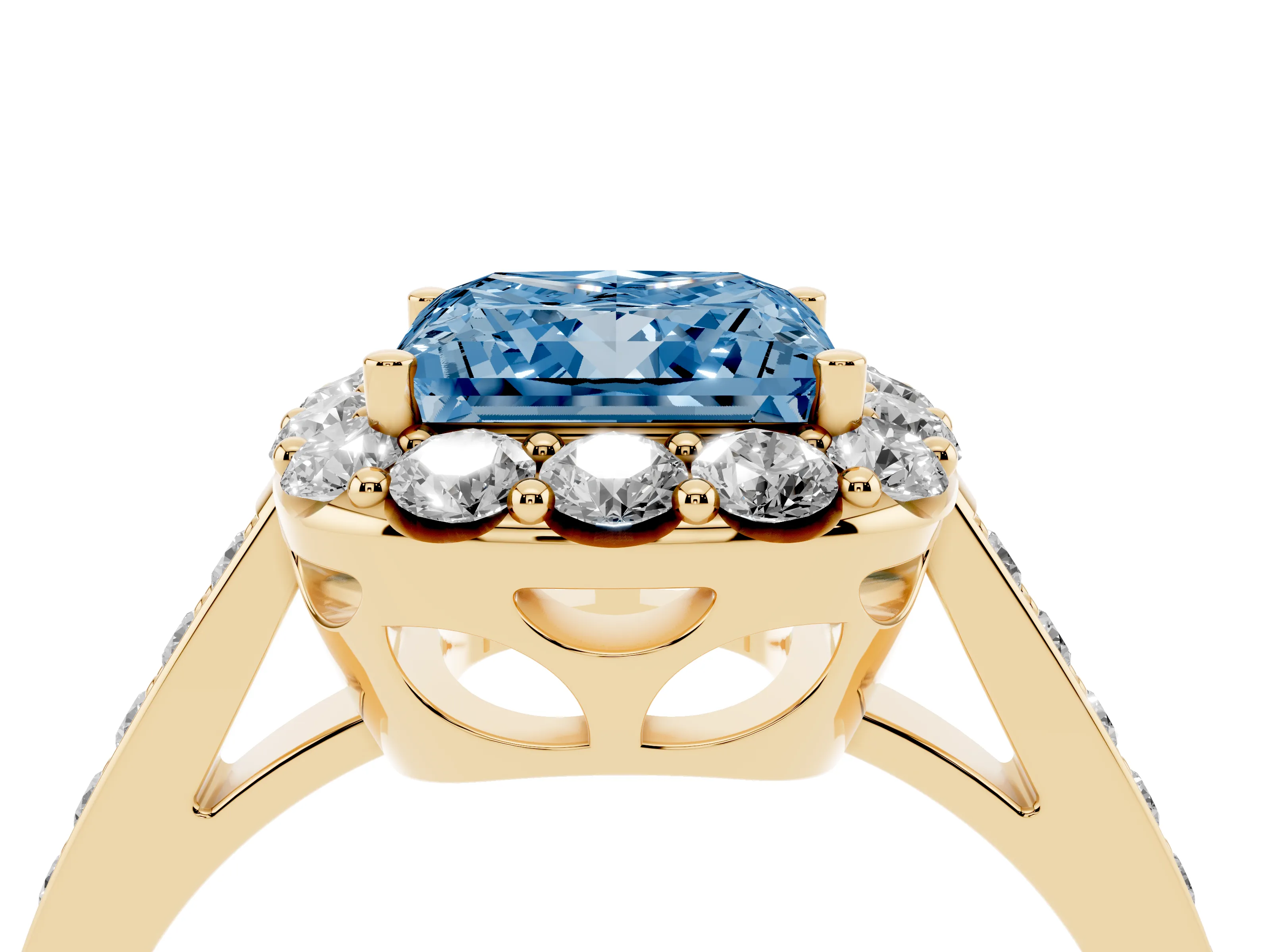 Fancy Blue Princess Cut Diamond Floral Halo Ring Set in Yellow gold with Pavé Band and Prong Setting