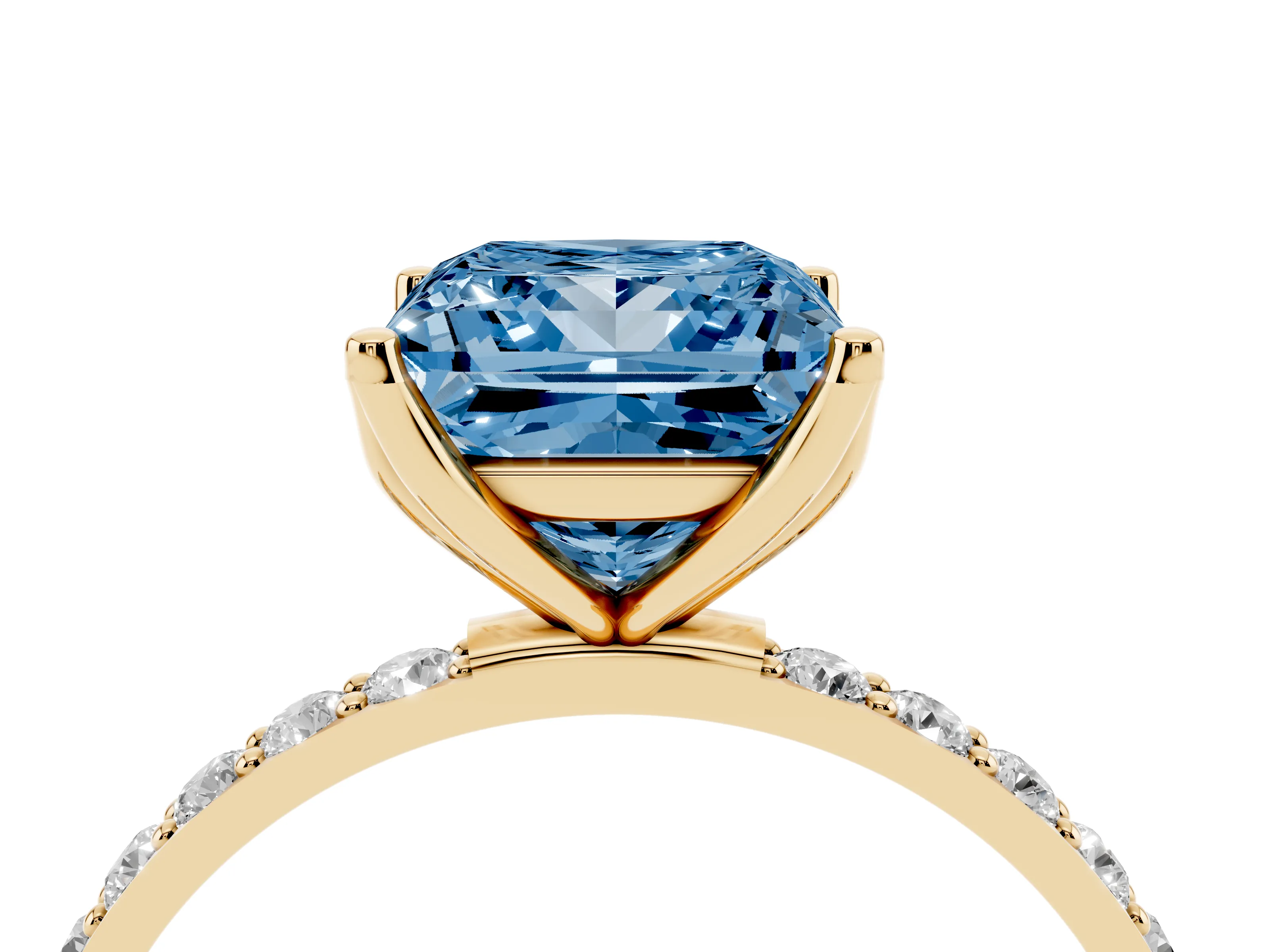 Fancy Blue Princess Cut Diamond Solitaire Engagement Ring Set in Yellow gold with Round Pavé Band and Prong Setting