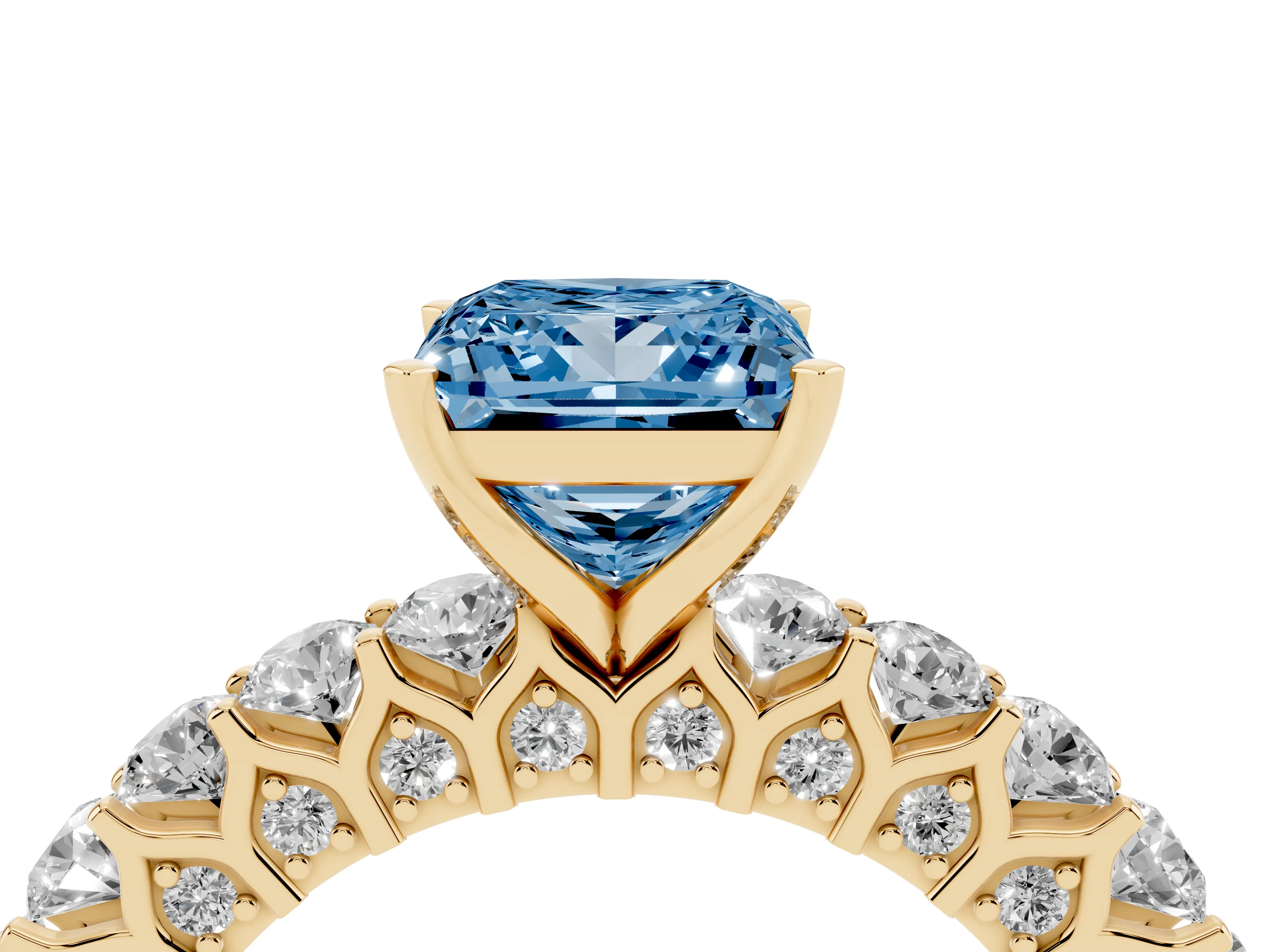 Fancy Blue Princess Cut Diamond Solitaire Ring Set in Yellow gold with Shared Prong Pavé Band