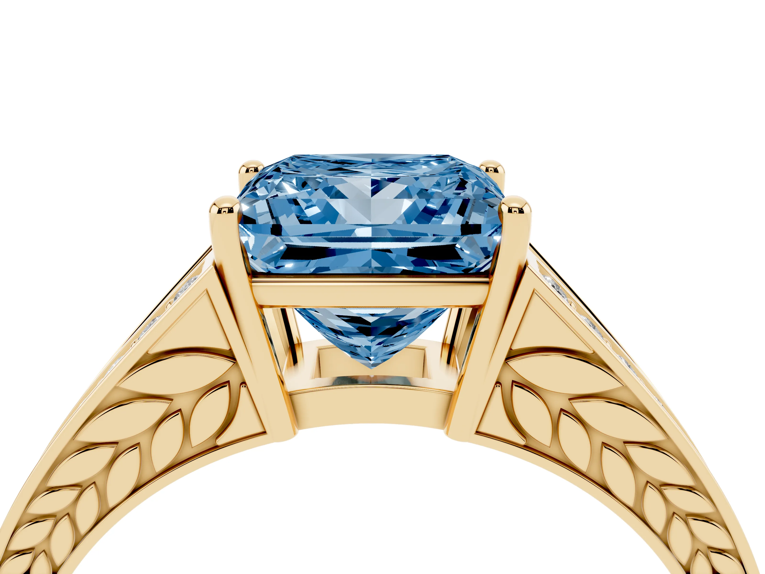 Fancy Blue Princess Cut Diamond Split Shank Ring Set in Yellow gold with Pavé Band and Prong Setting