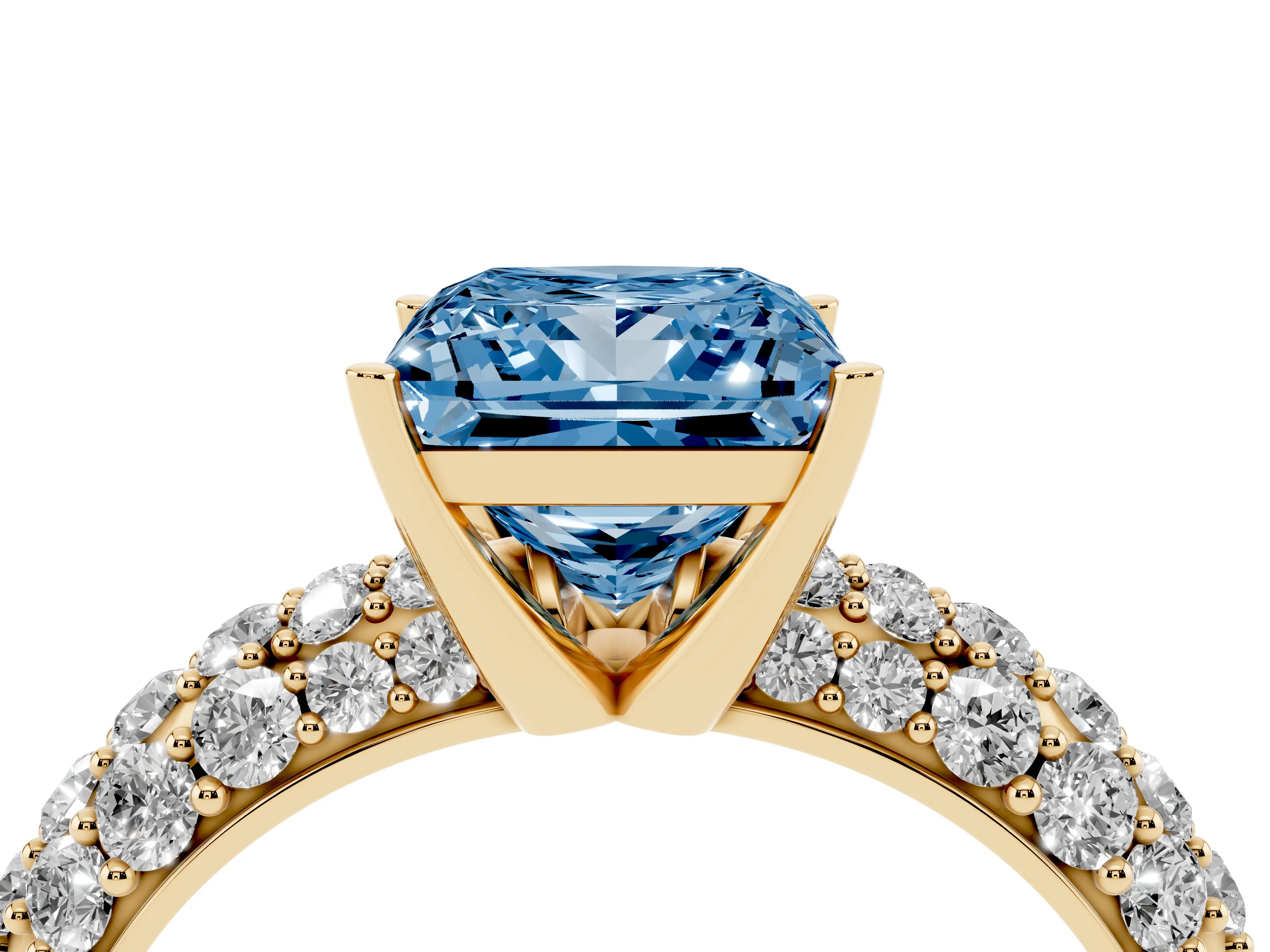 Fancy Blue Princess Cut Diamond Pavé Band Solitaire Ring Set in Yellow gold with Close-Set Accent Stones and Prong Setting