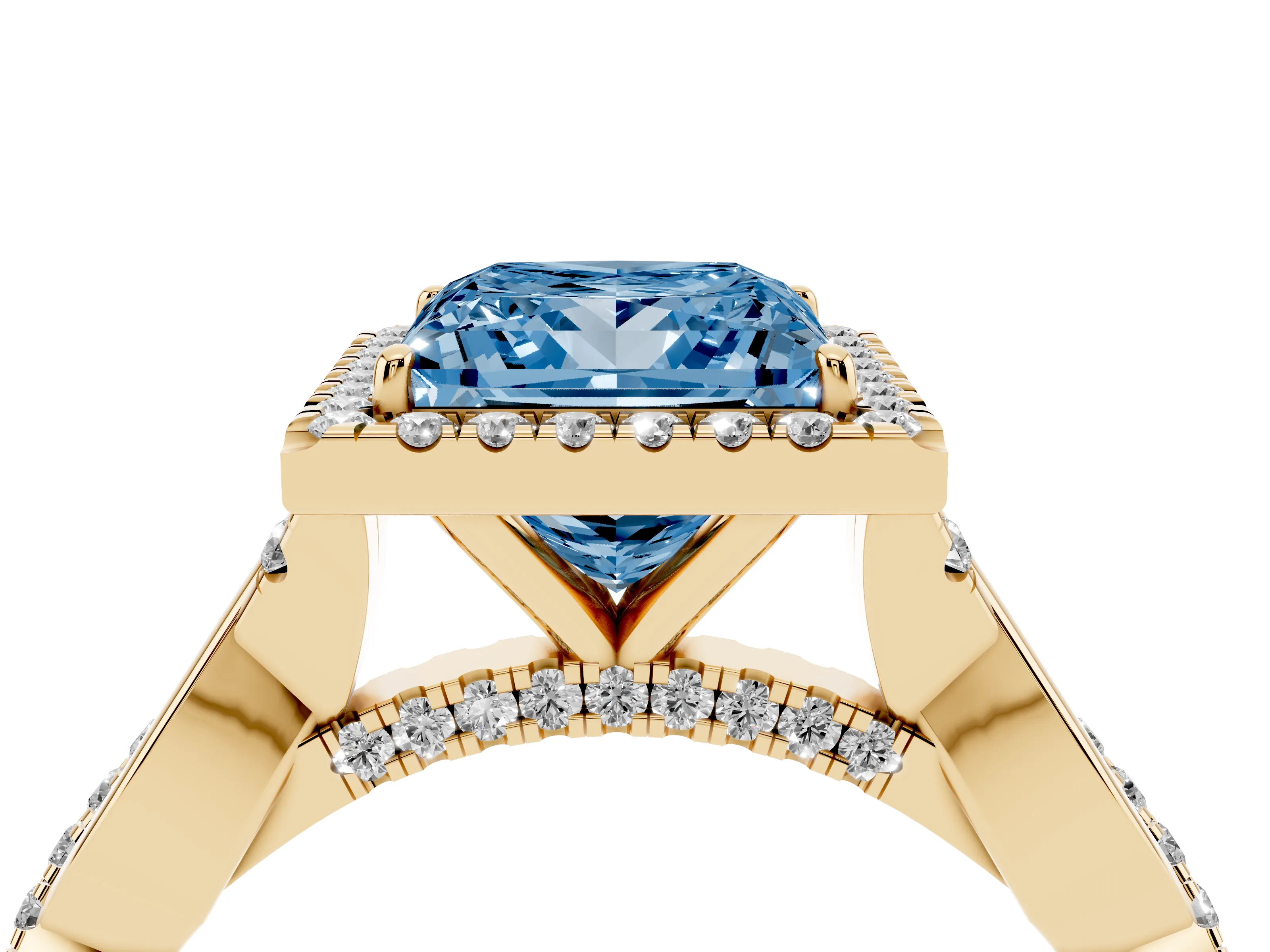 Fancy Blue Princess Cut Diamond Halo Twist Band Solitaire Ring Set in Yellow gold with Prong Setting