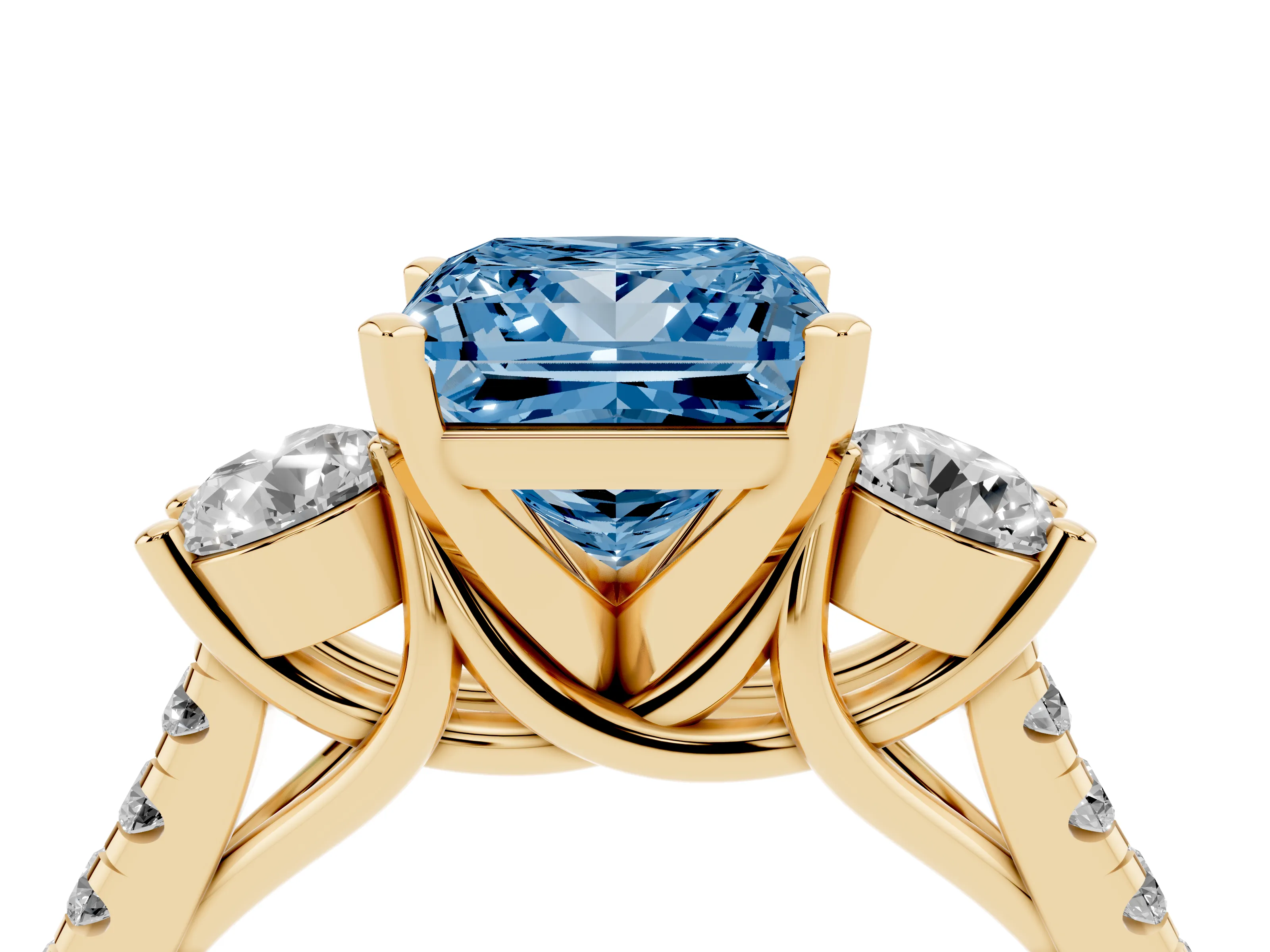 Fancy Blue Three-Stone Princess Cut Diamond Pavé Band Ring Set in Yellow gold with Prong-Set Trio