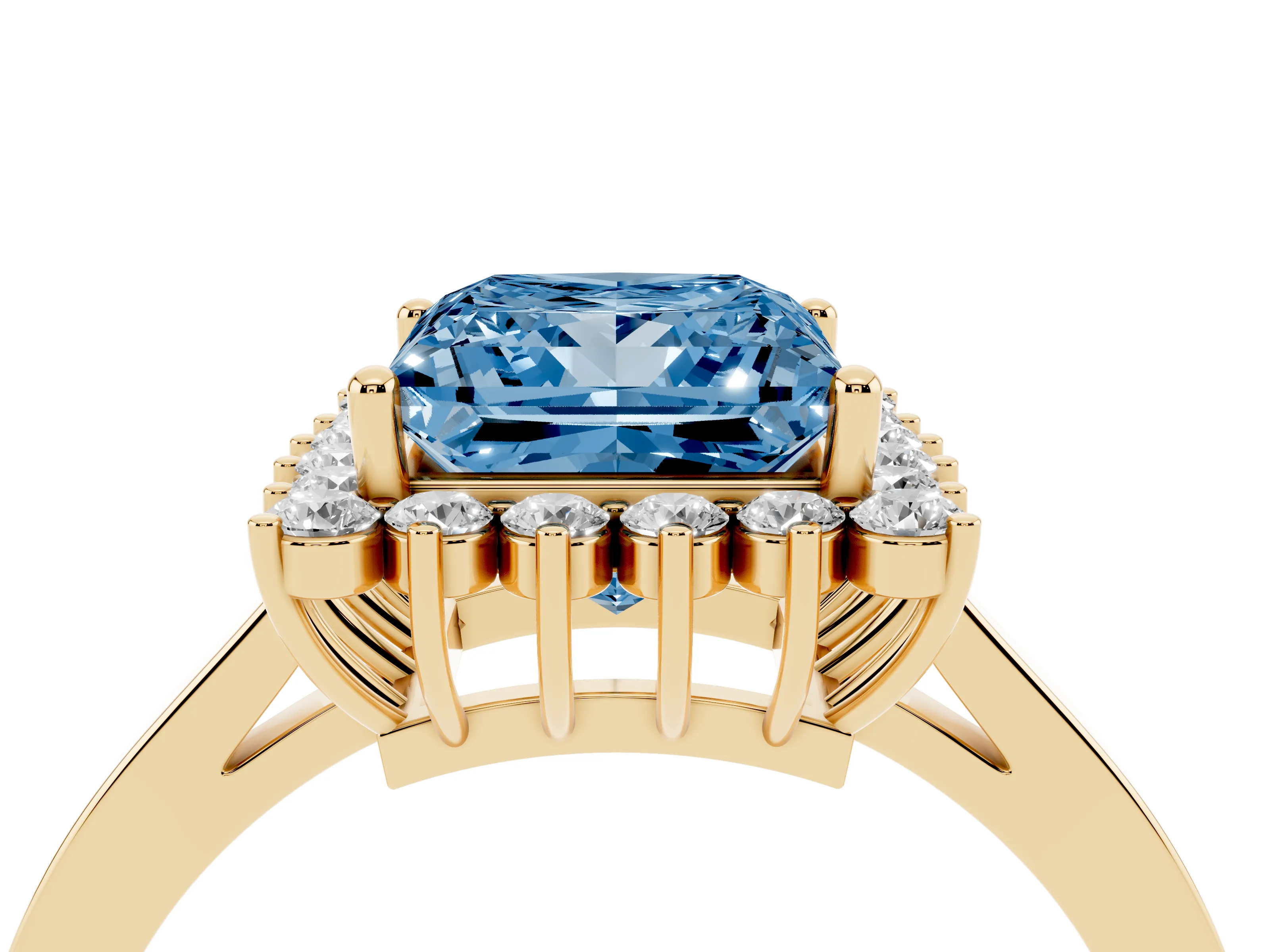 Fancy Blue Princess Cut Diamond Halo Ring Set in Yellow gold with Round Halo and Smooth Solitaire Band