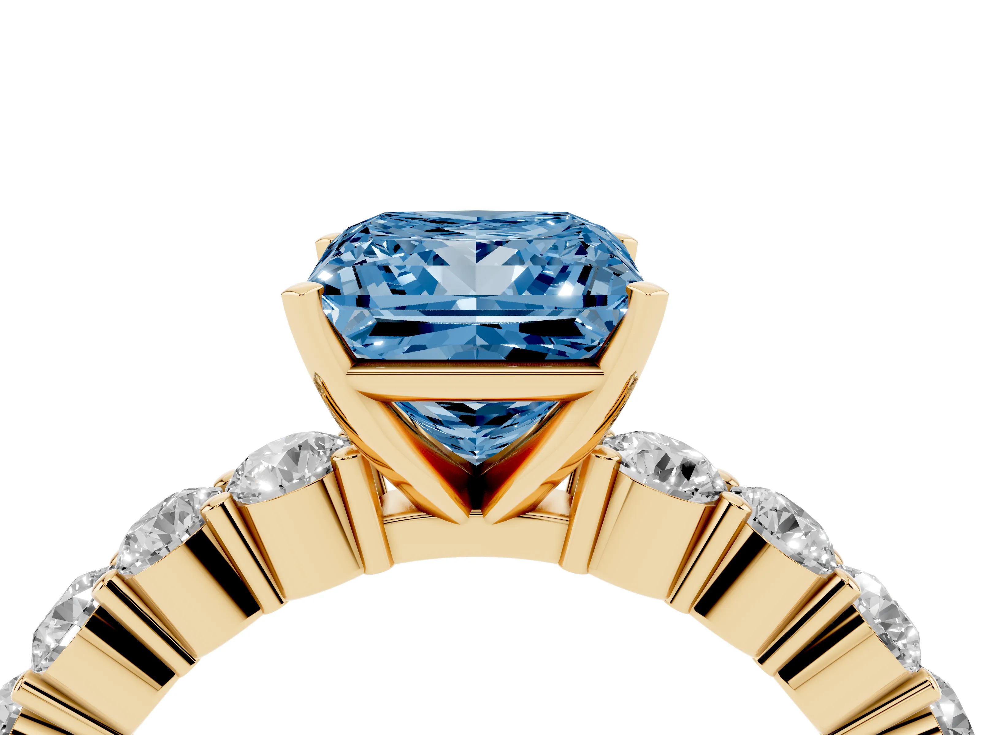 Fancy Blue Princess Cut Diamond Solitaire Ring Set in Yellow gold with Shared Prong Round Side Stones