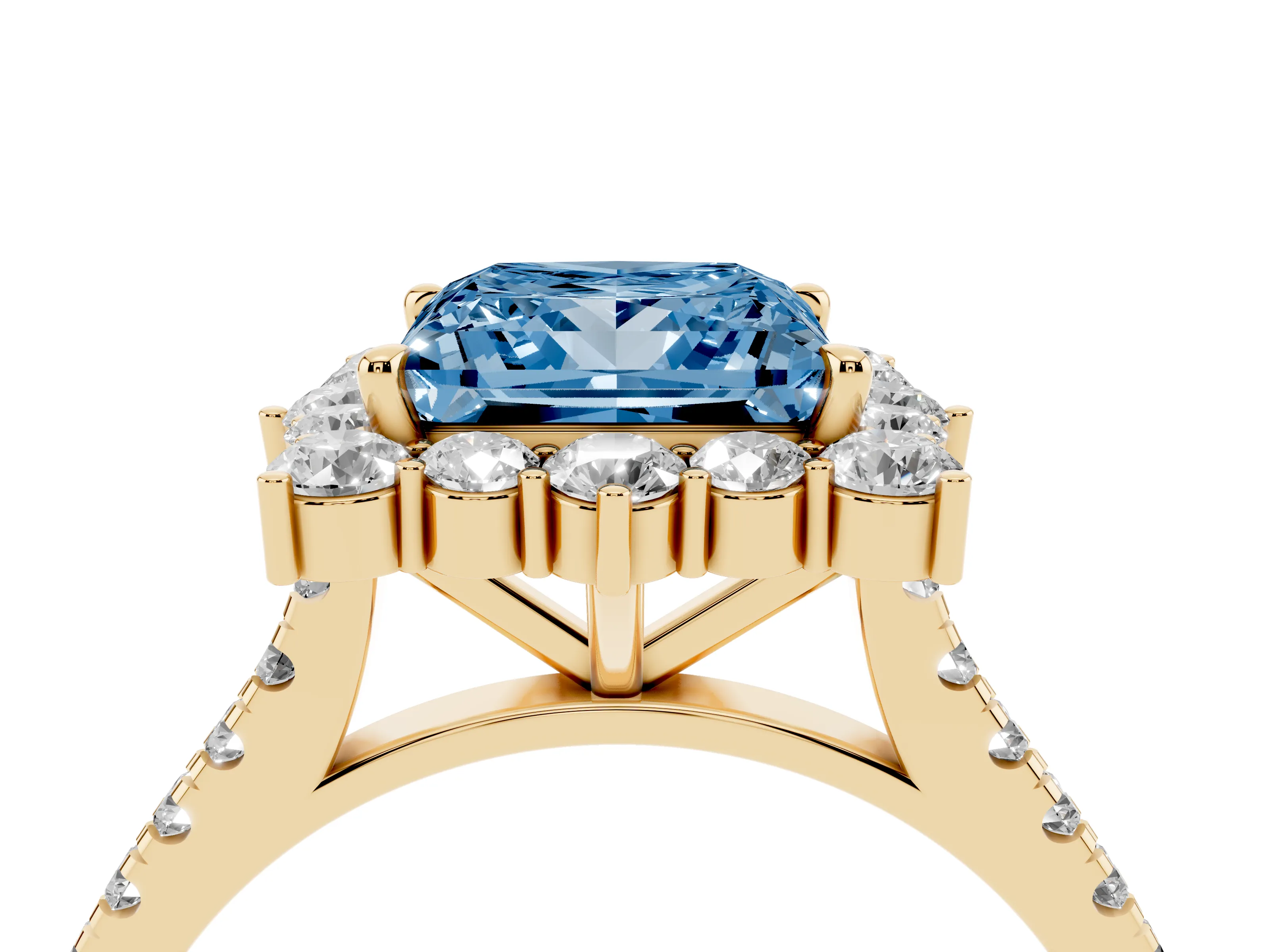 Fancy Blue Princess Cut Diamond Halo Ring Set in Yellow gold with Pavé Band and Prong Setting