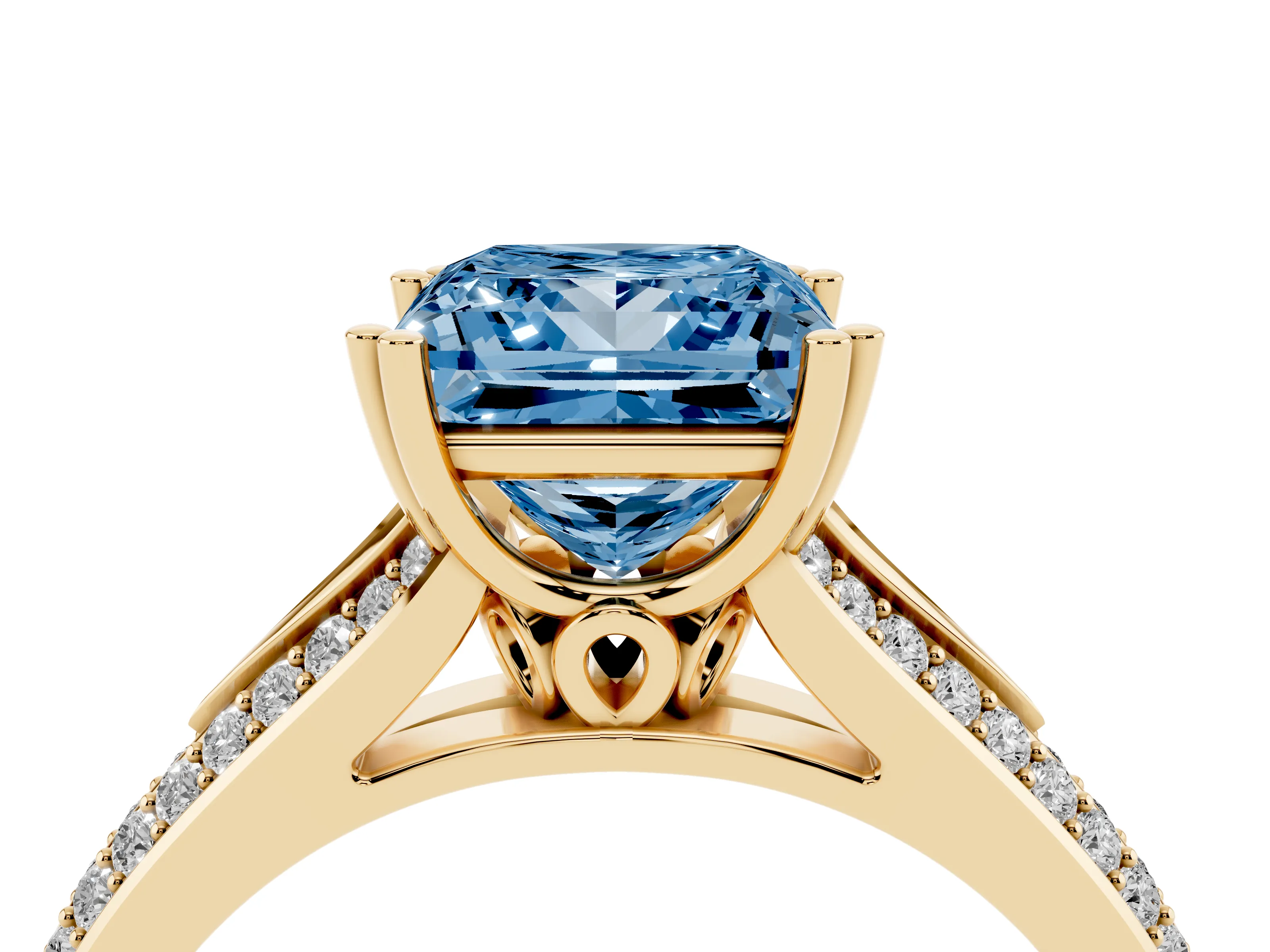 Fancy Blue Princess Cut Diamond Split Shank Pavé Engagement Ring Set in Yellow gold with Prong-Set Center Stone