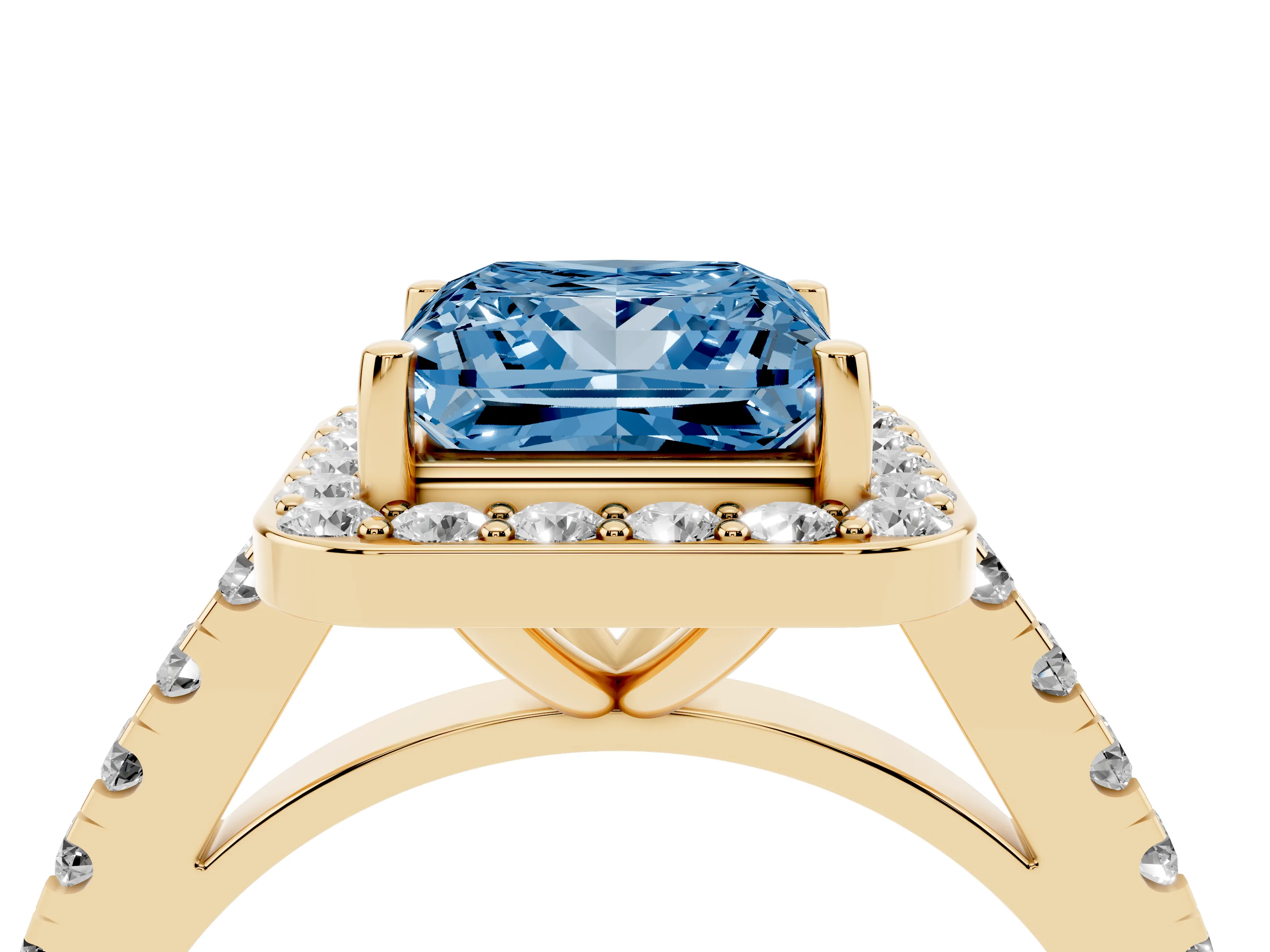 Fancy Blue Princess Cut Diamond Halo Ring Set in Yellow gold with Round Pavé Split Shank and Prong Setting