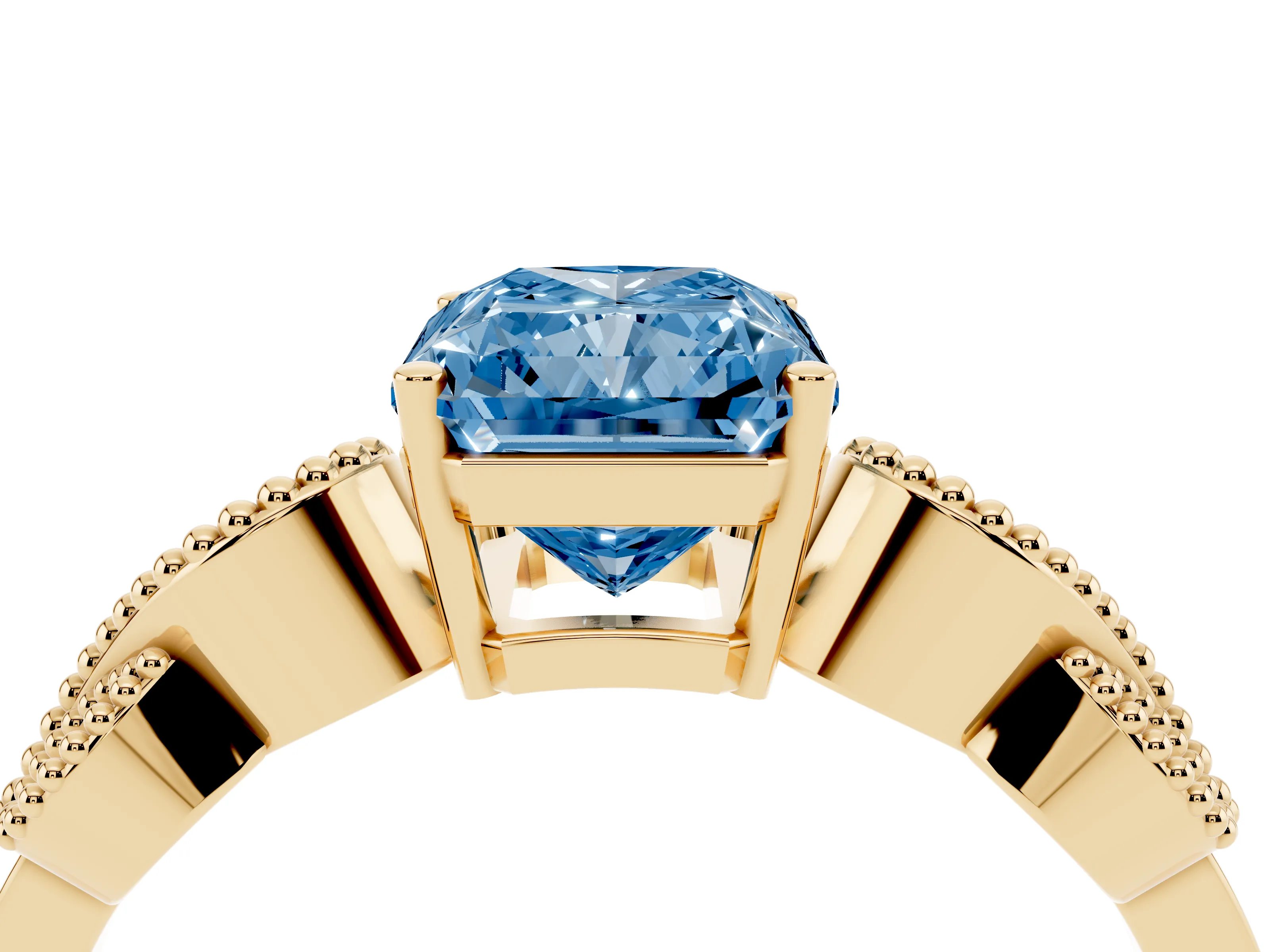 Fancy Blue Princess Cut Diamond Milgrain Leaf Band Solitaire Ring Set in Yellow gold with Accent Stones and Prong Setting