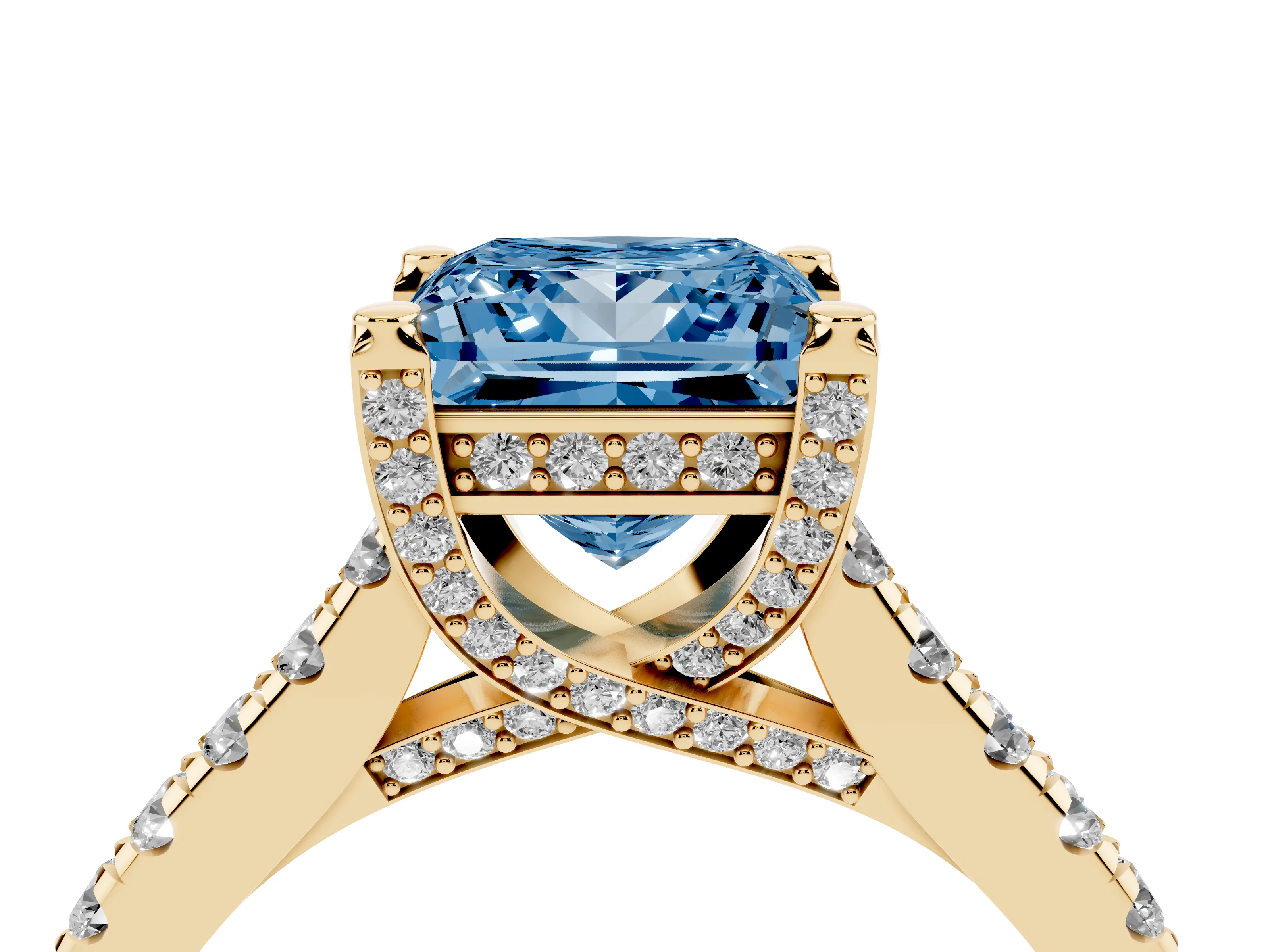 Fancy Blue Princess Cut Diamond Solitaire Ring Set in Yellow gold with Brilliant Pavé Band and Prong Setting