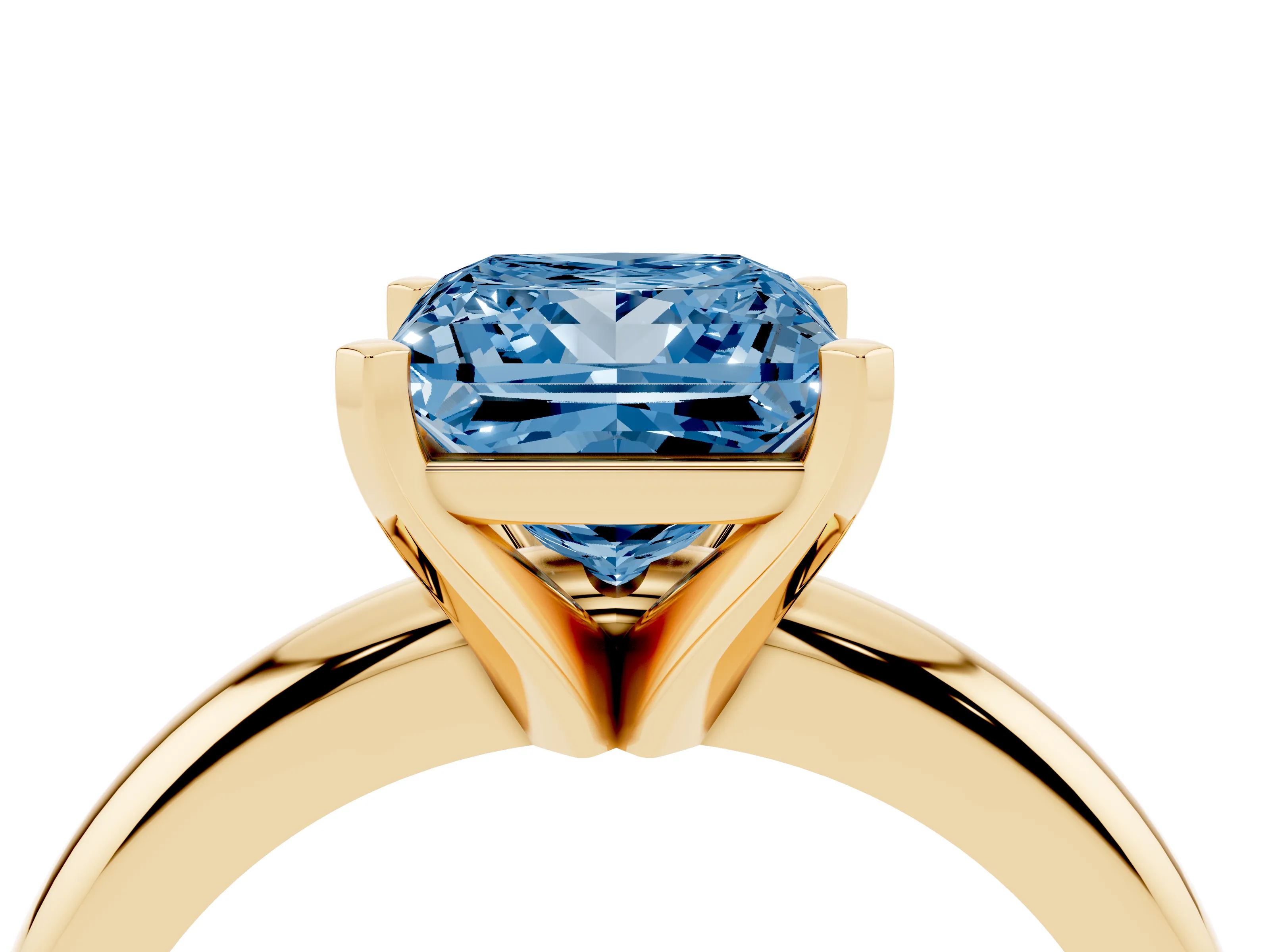 Fancy Blue Princess Cut Diamond Solitaire Engagement Ring Set in Yellow gold with Round Band and Prong Setting