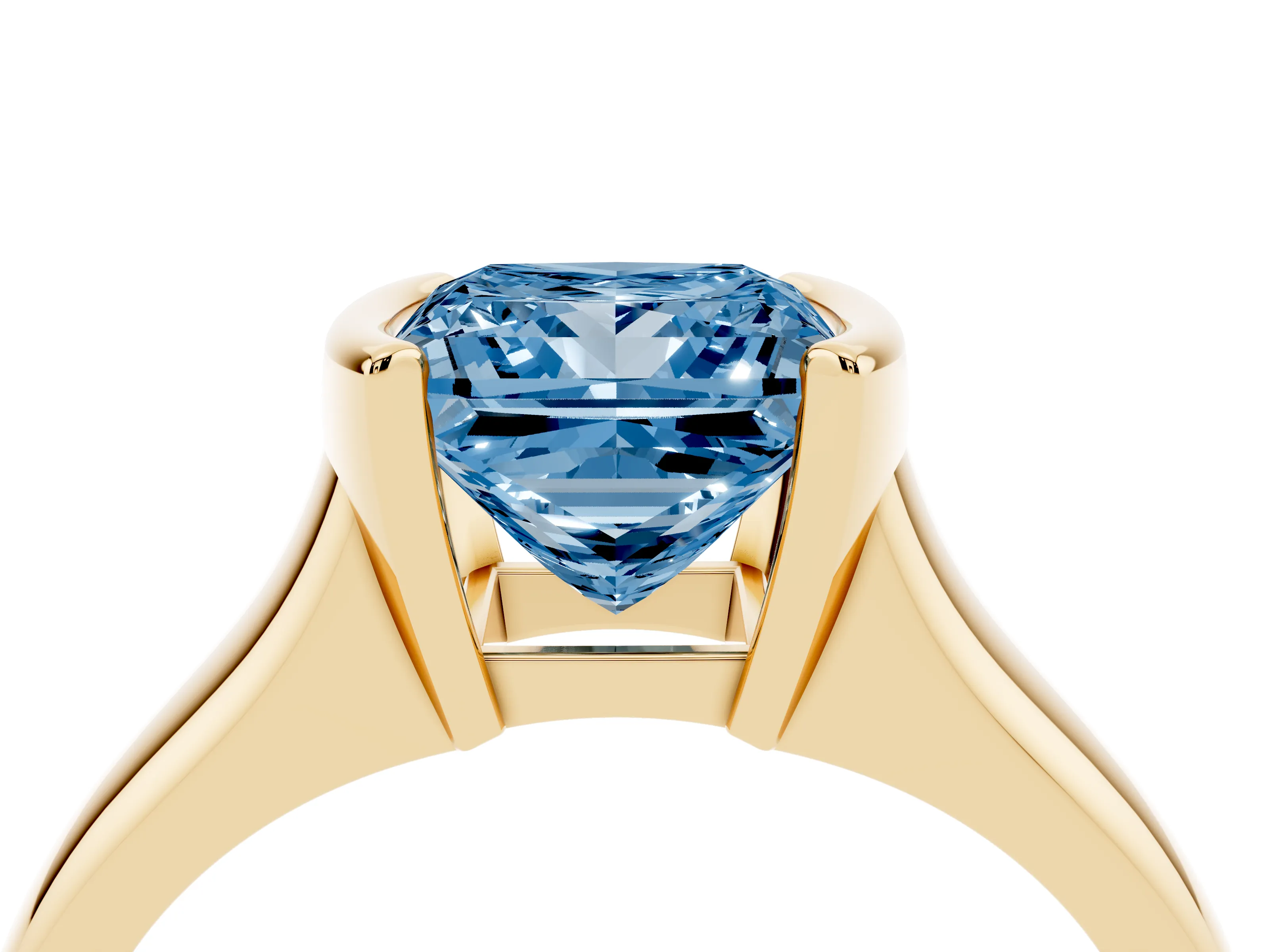 Fancy Blue Princess Cut Diamond Solitaire Tension Set Ring Set in Yellow gold with Split Shank Band