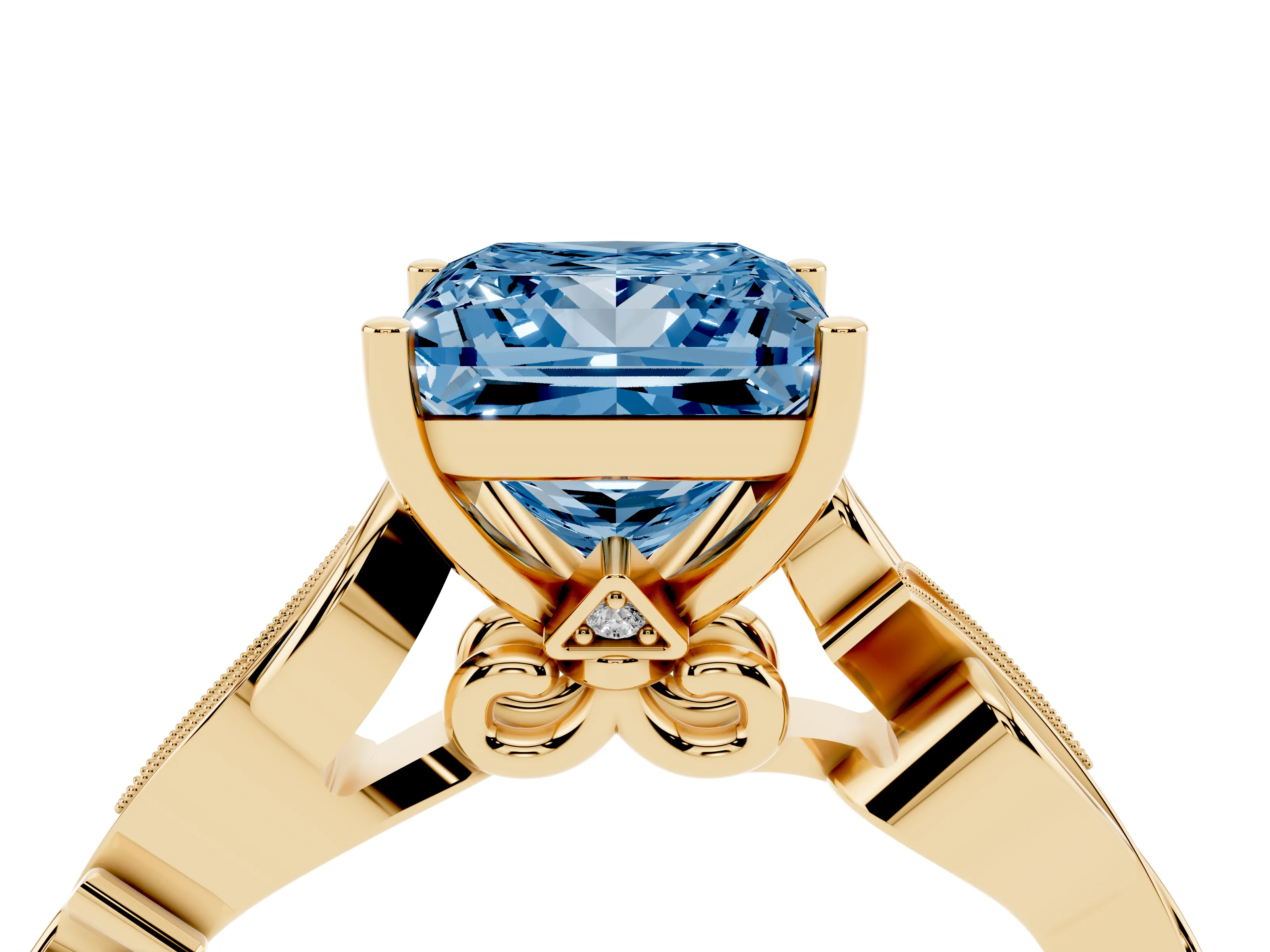 Fancy Blue Princess Cut Diamond Vine Band Solitaire Ring Set in Yellow gold with Milgrain Prong Setting