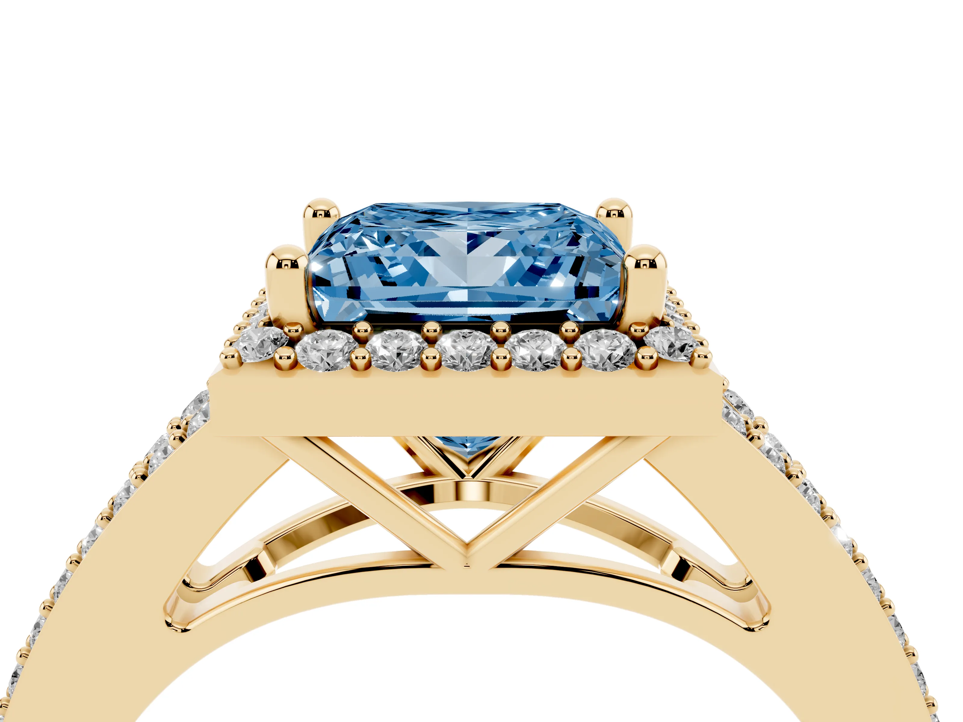 Fancy Blue Princess Cut Diamond Halo Split Shank Pavé Ring Set in Yellow gold with Prong Setting