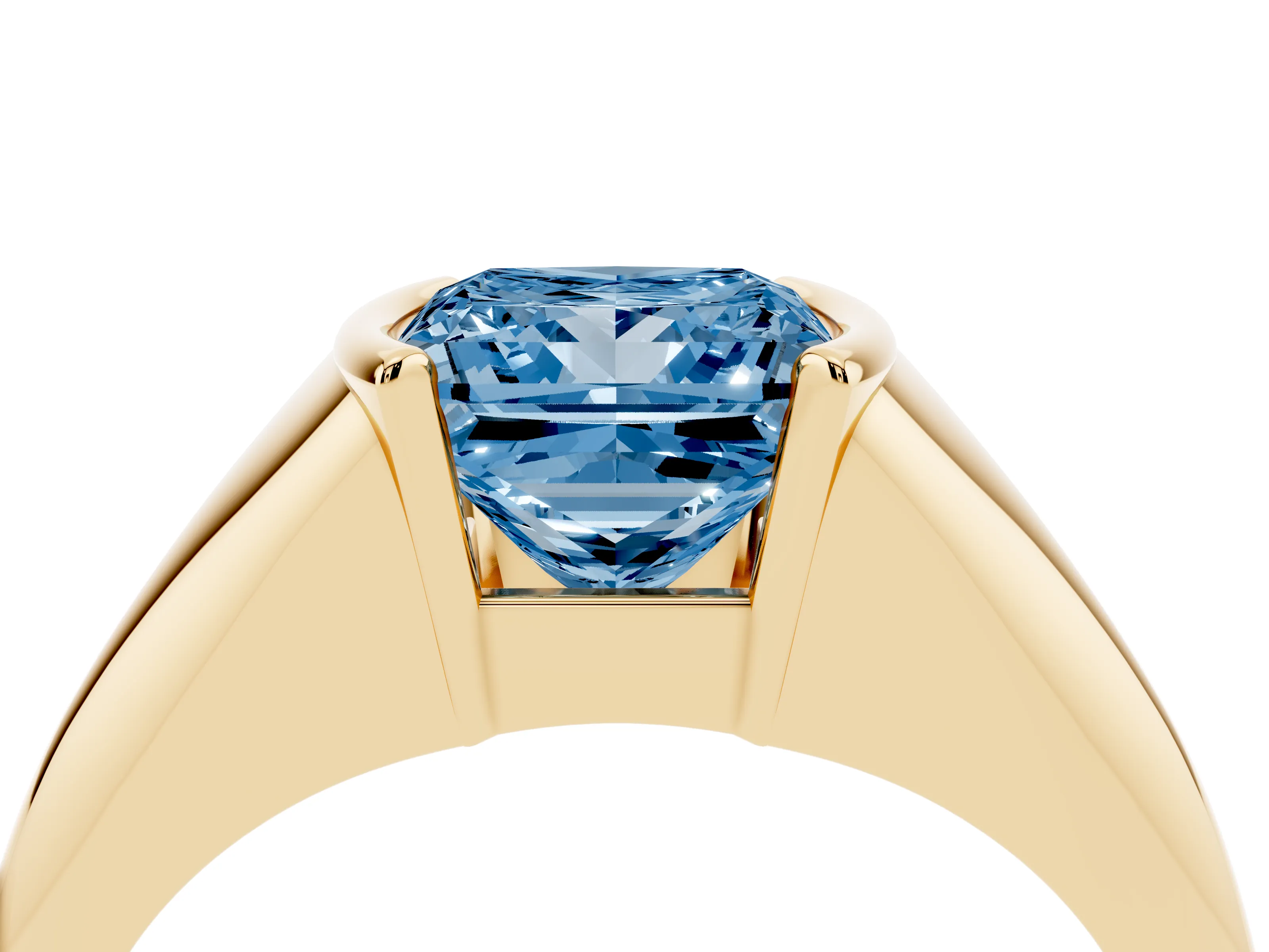 Fancy Blue Princess Cut Diamond Solitaire Tension Set Ring Set in Yellow gold